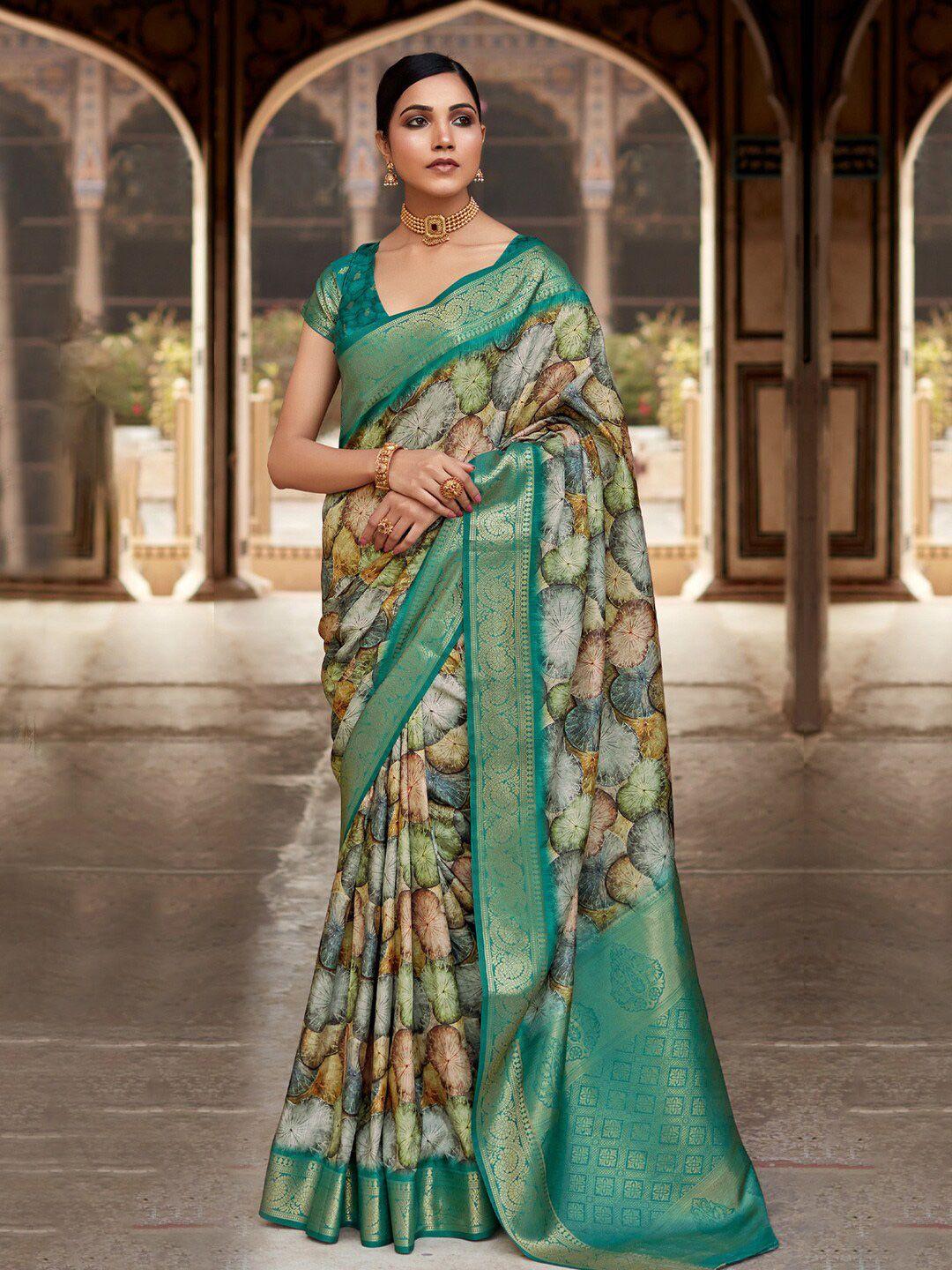 mitera multicoloured & sea green zari silk blend designer sungudi saree