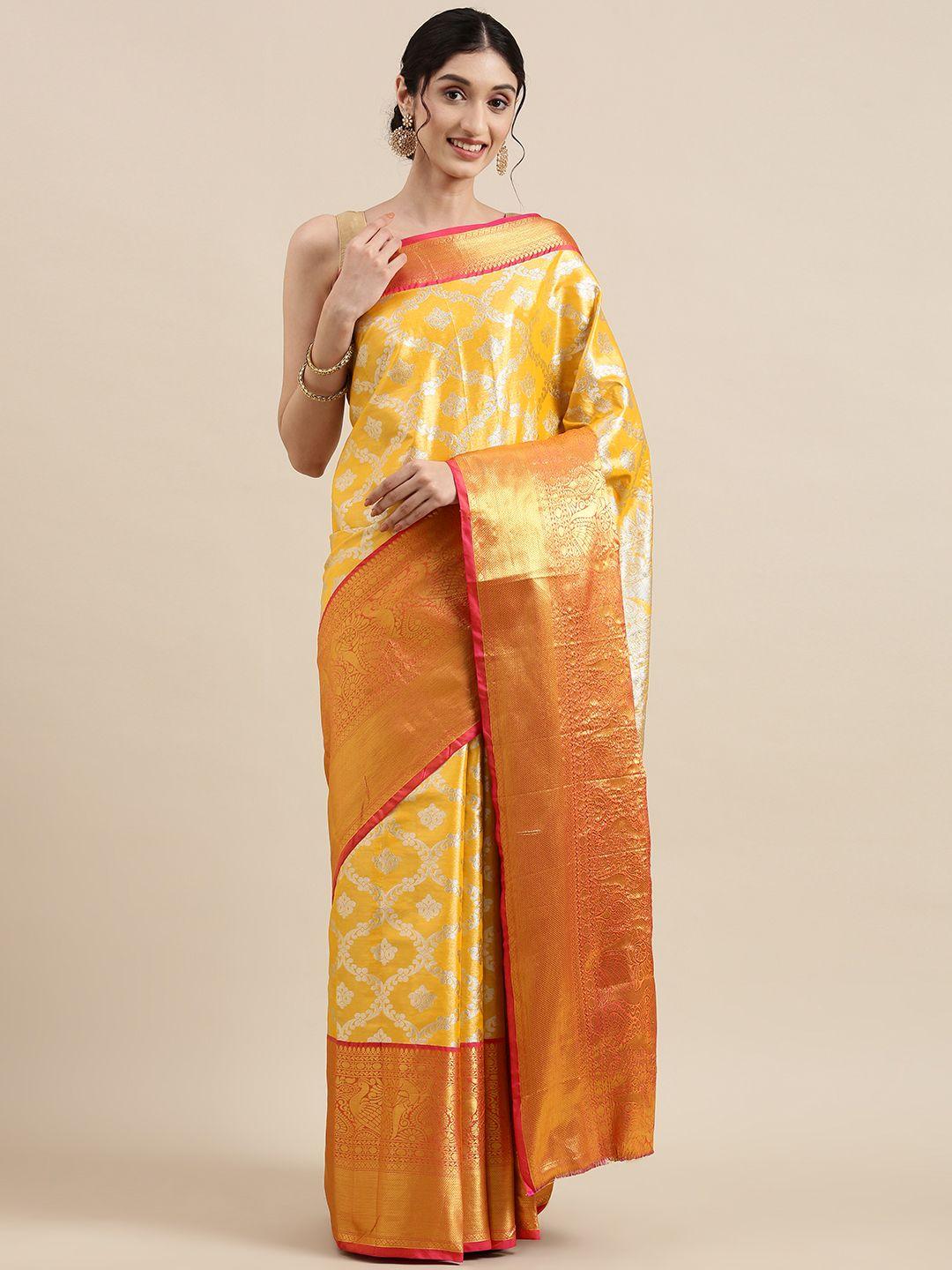 mitera mustard & gold ethnic motifs zari tissue celebrity banarasi saree