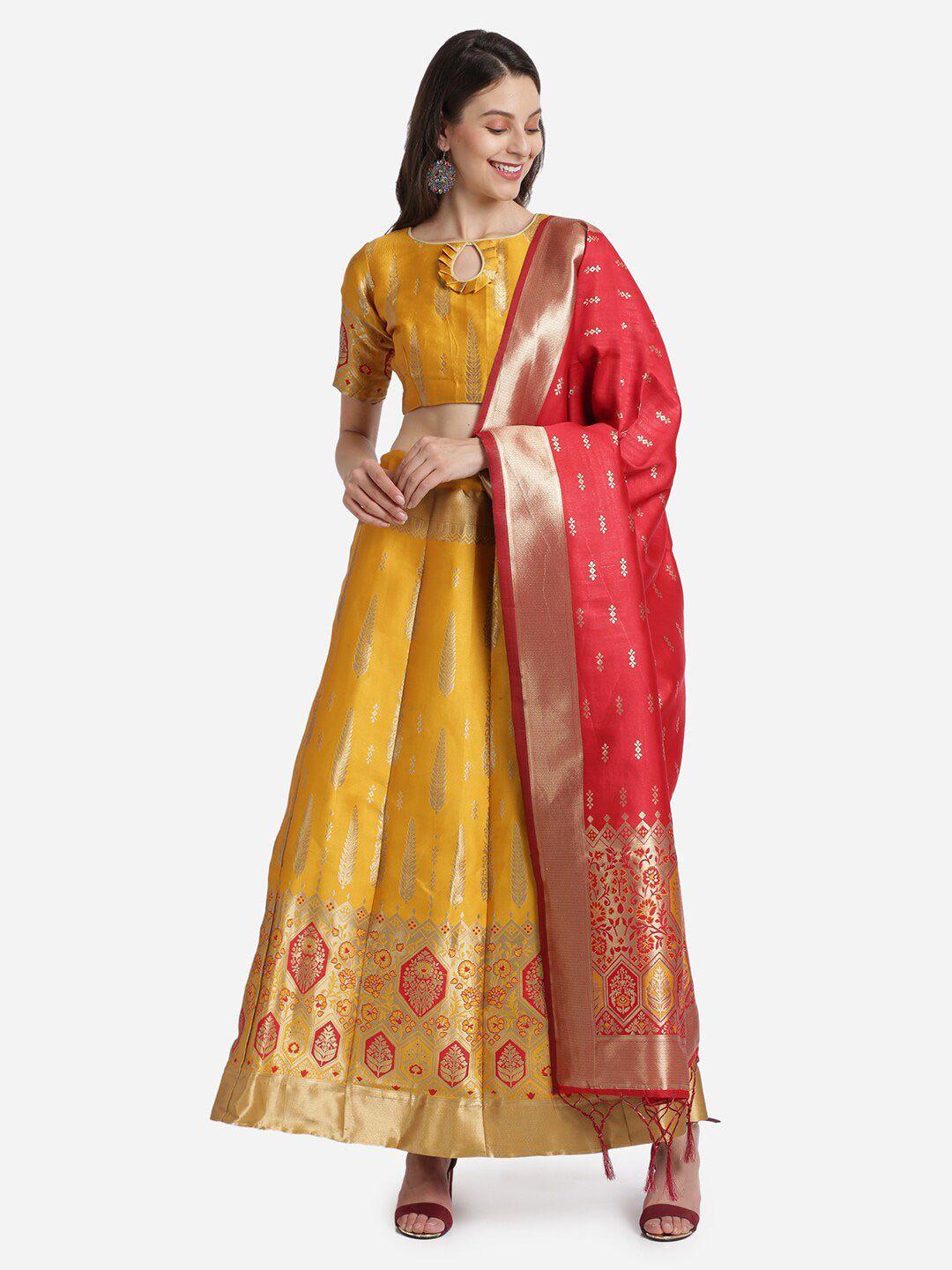 mitera mustard & red kalamkari semi-stitched lehenga & unstitched blouse with dupatta