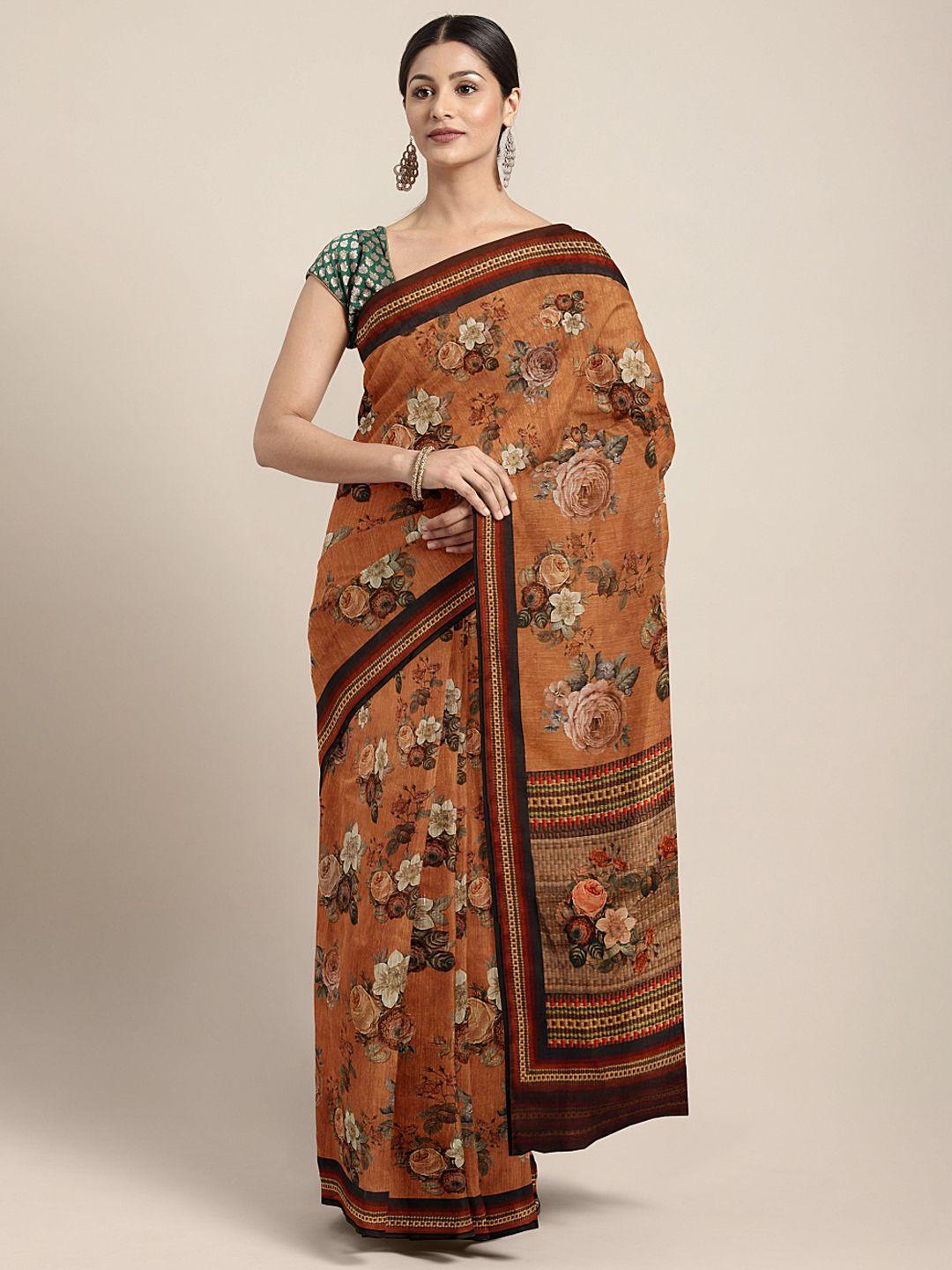 mitera mustard brown & off-white silk blend floral printed saree