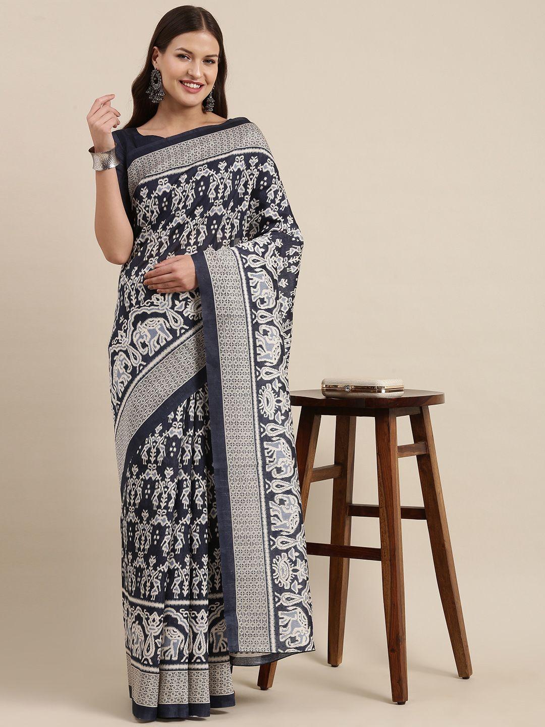 mitera navy blue & off white abstract print bhagalpuri art silk ikat saree