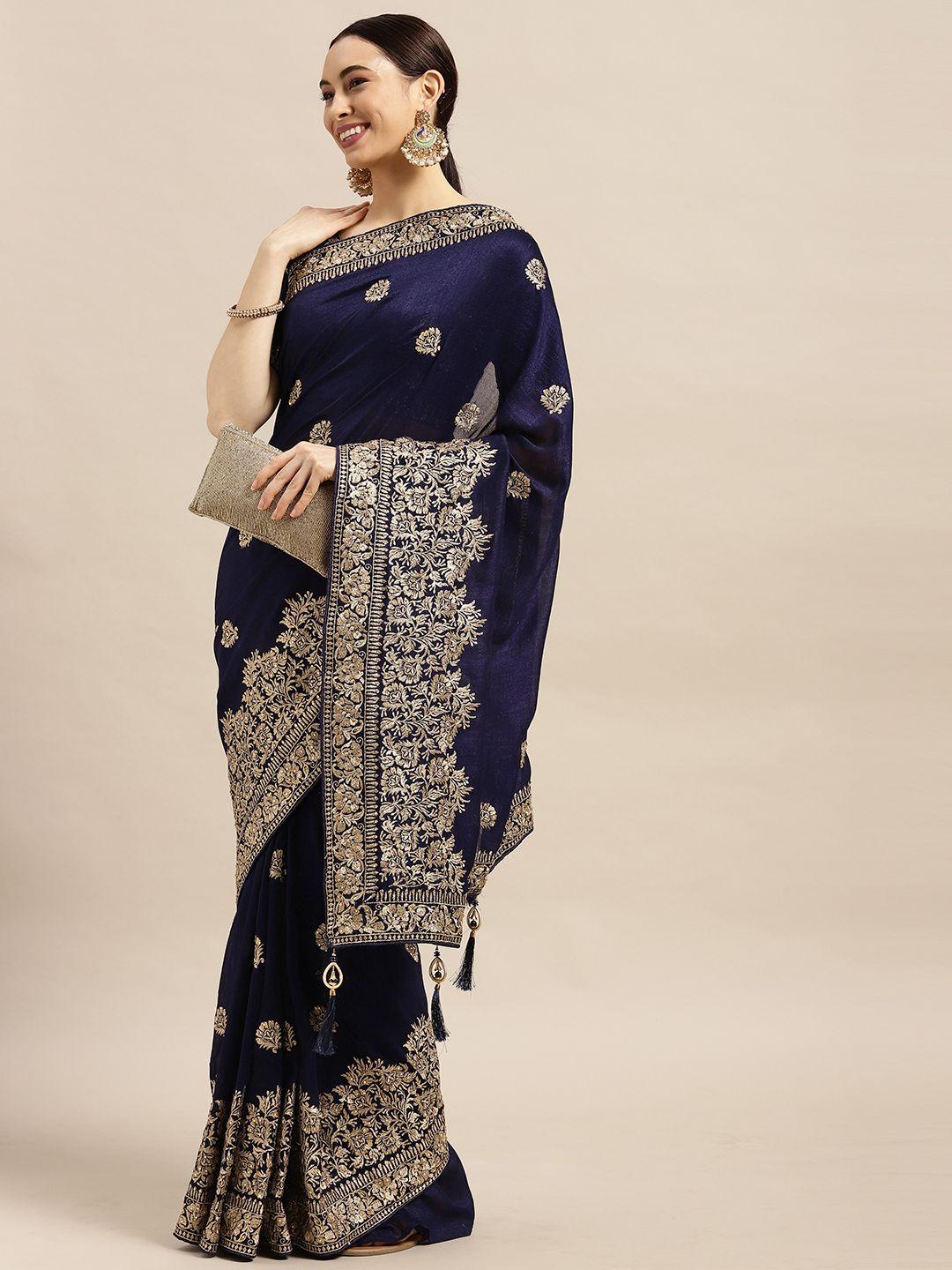 mitera navy blue ethnic motifs embellished saree