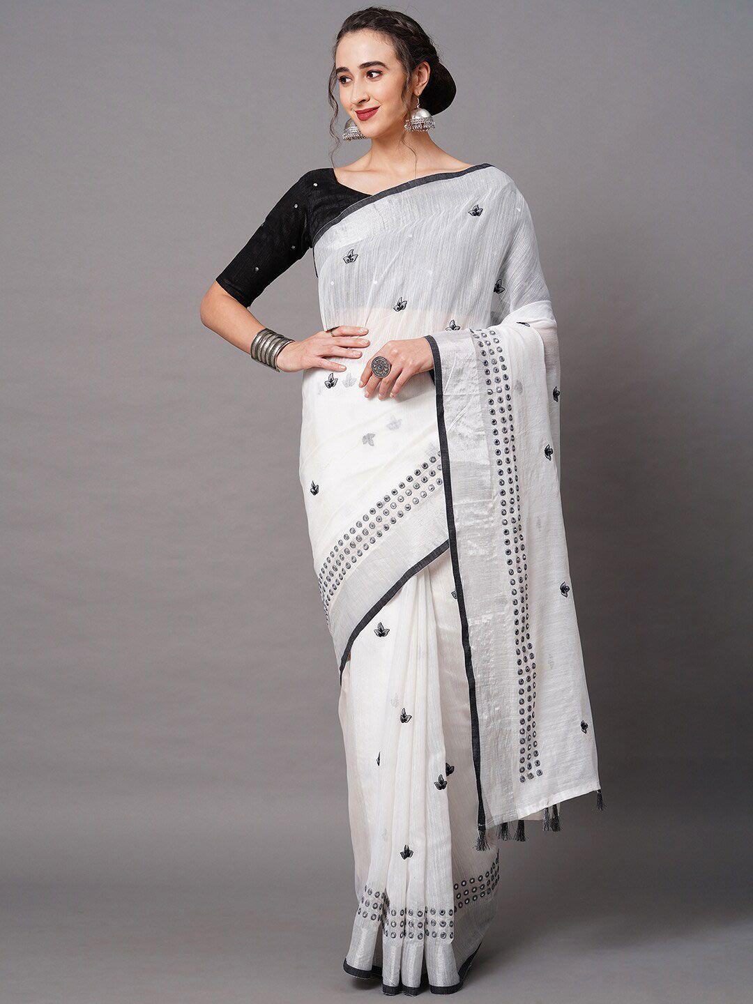 mitera off white & black floral  embroidered linen blend saree