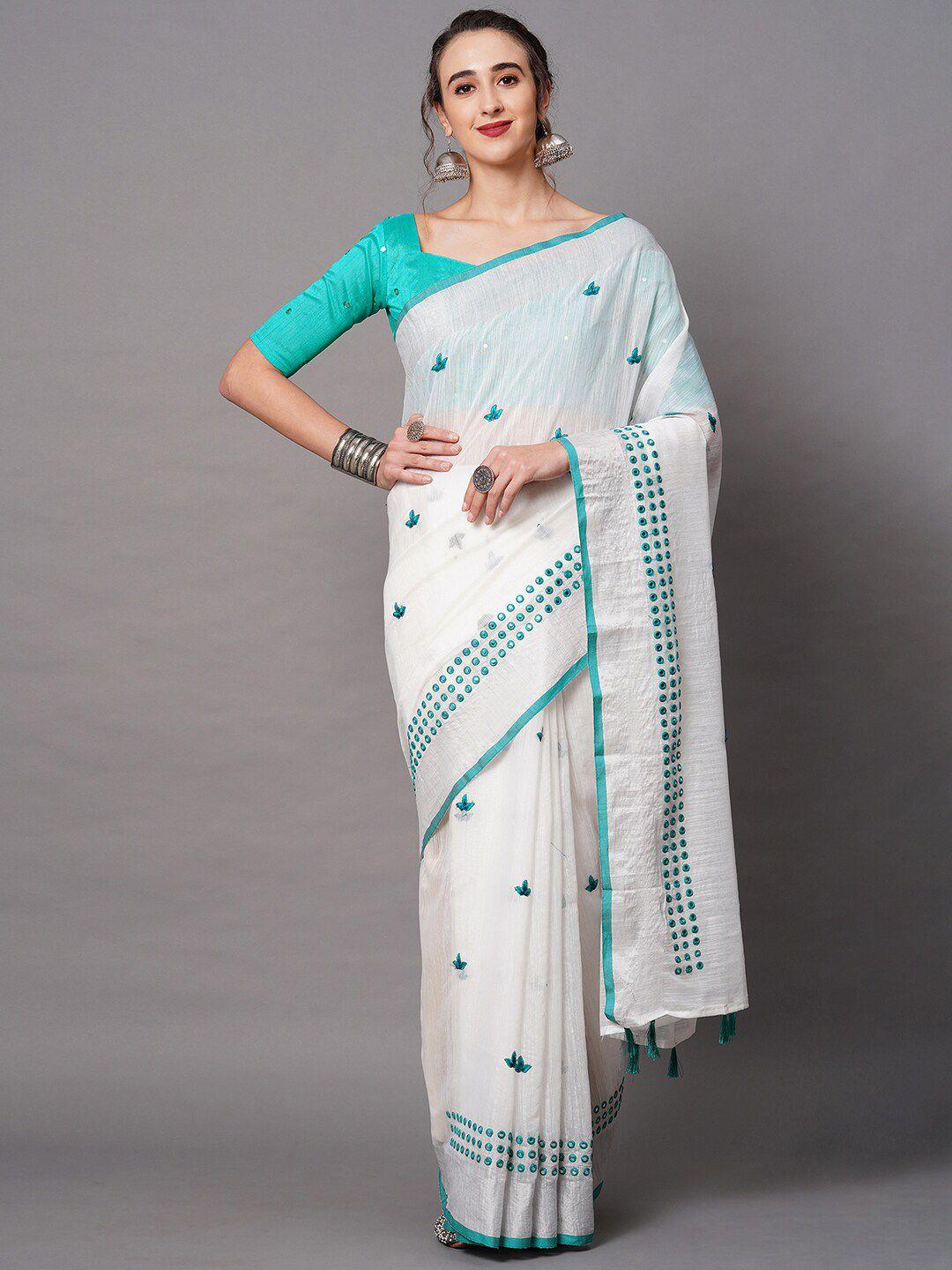 mitera off white & green floral embroidered linen blend saree
