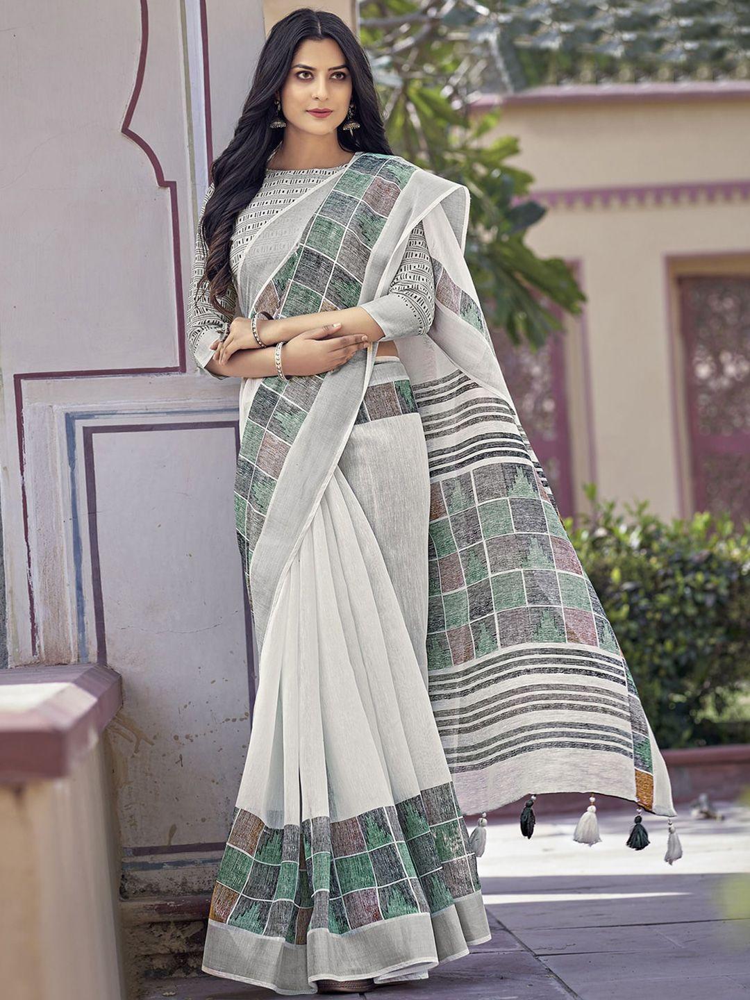 mitera off white & green geometric printed saree