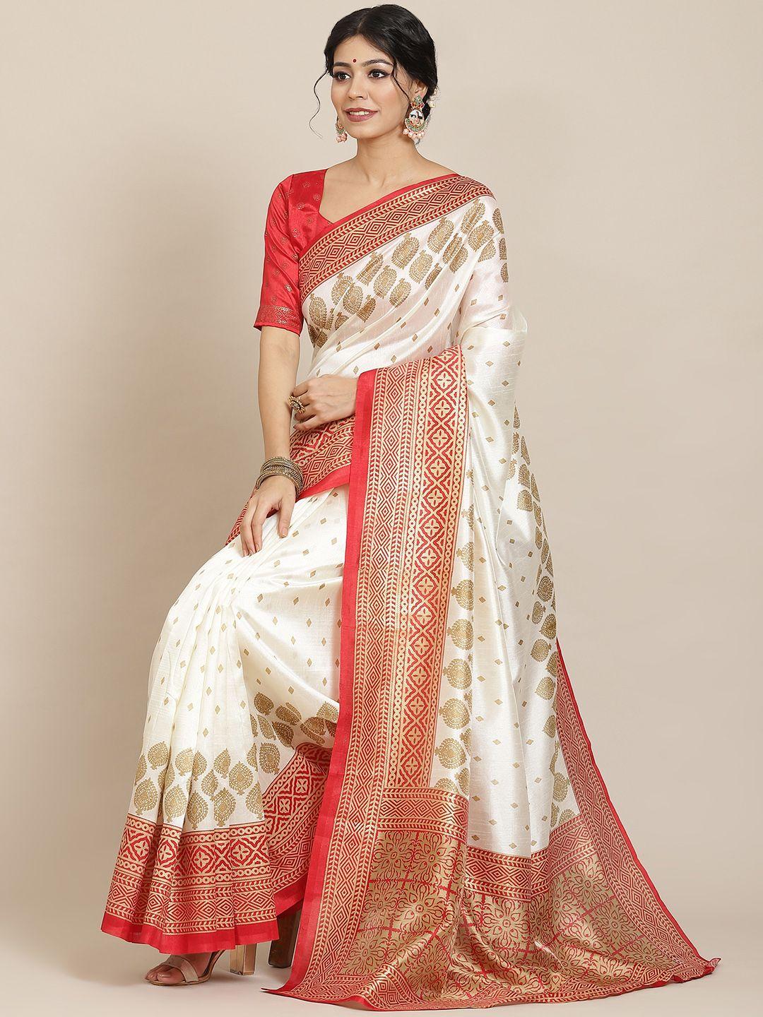 mitera off white & orange floral silk blend ethnic printed banarasi saree