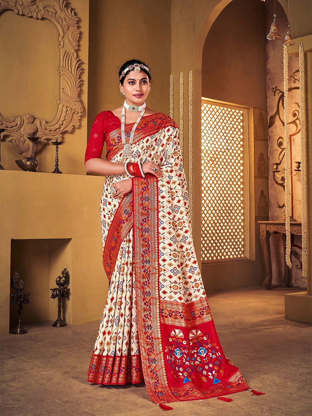 mitera off white & red ethnic motifs woven design zari silk cotton mysore silk saree