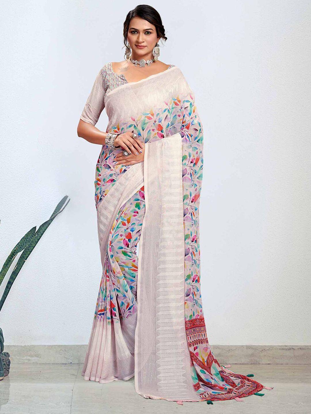 mitera off white floral embroidered pure georgette designer bagh saree