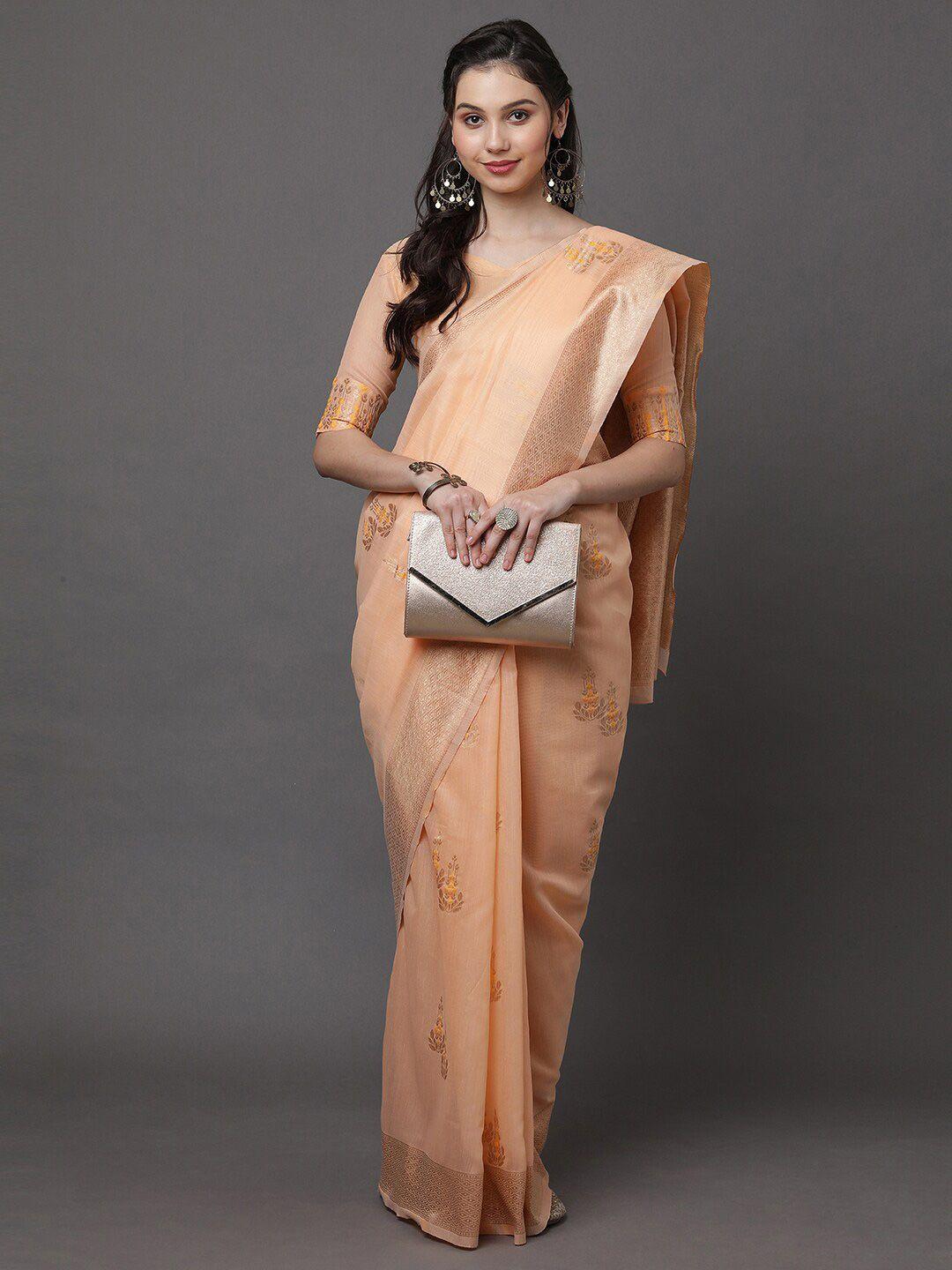 mitera orange & gold-toned woven design zari linen blend banarasi saree