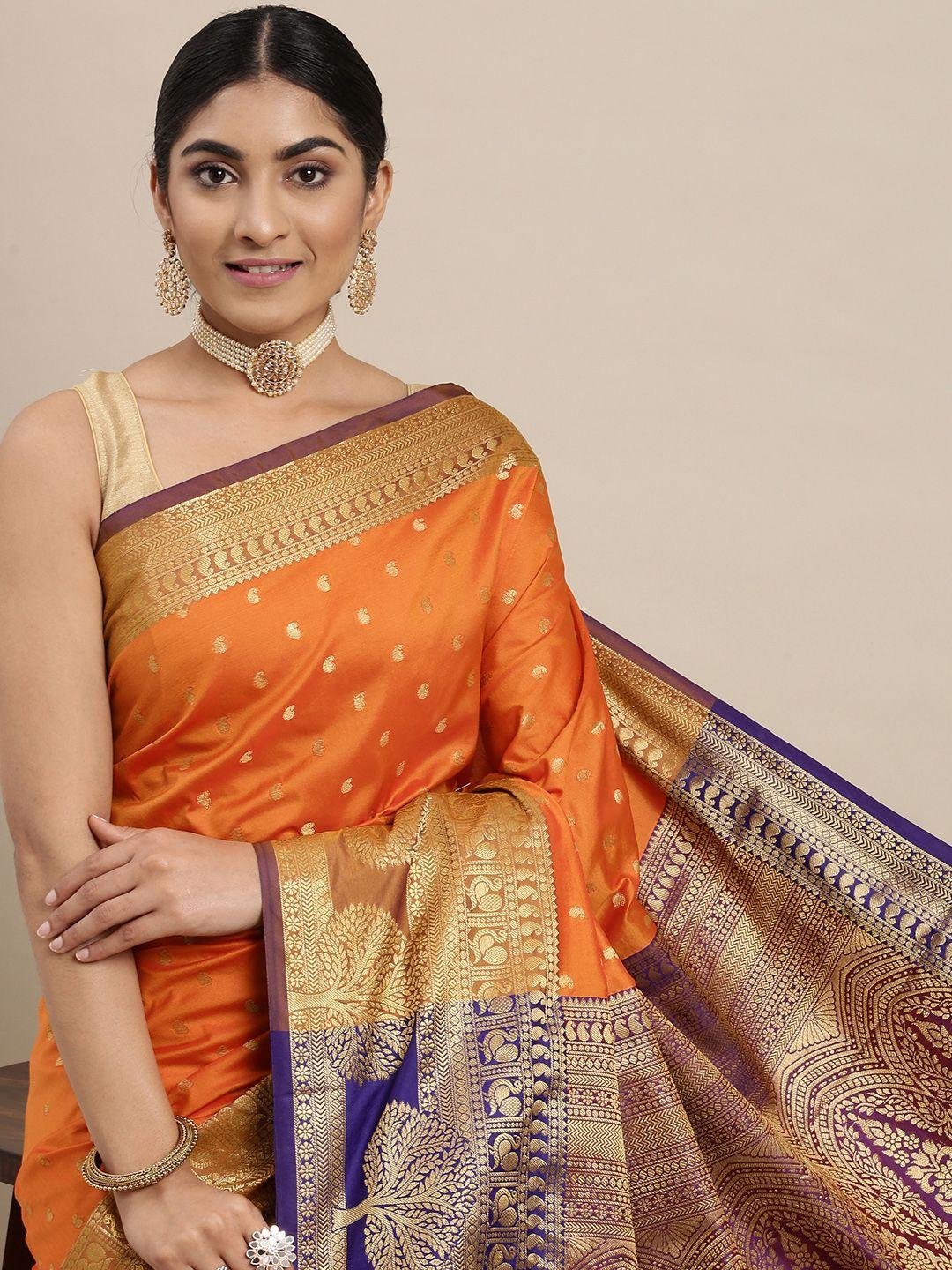 mitera orange & golden paisley design zari banarasi silk saree