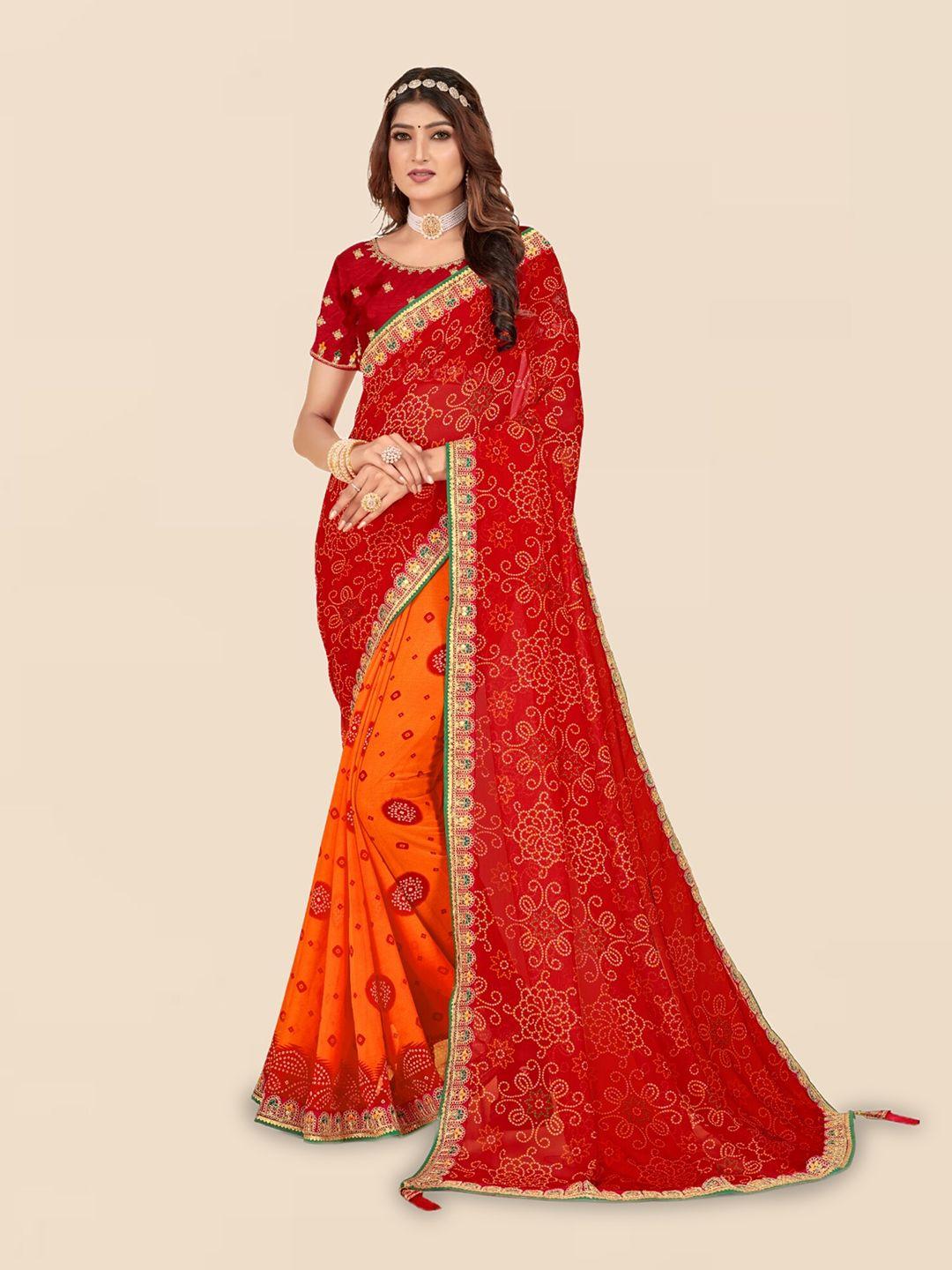 mitera orange & red printed poly georgette bandhani saree