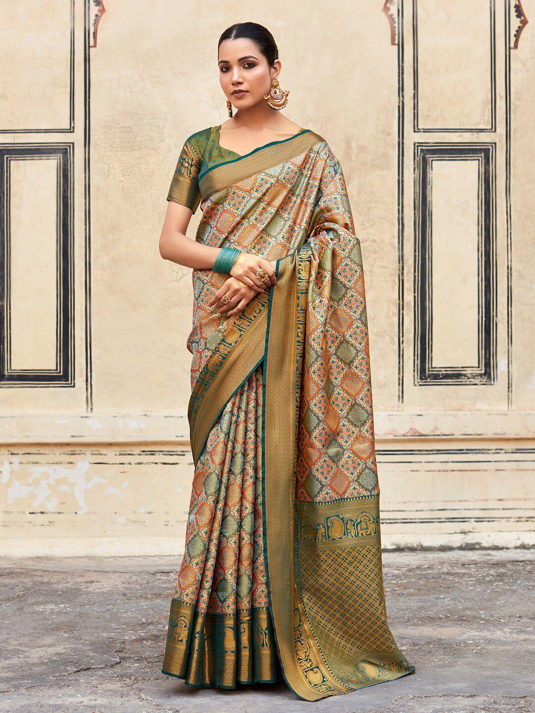 mitera orange & teal ethnic motifs silk blend designer banarasi saree