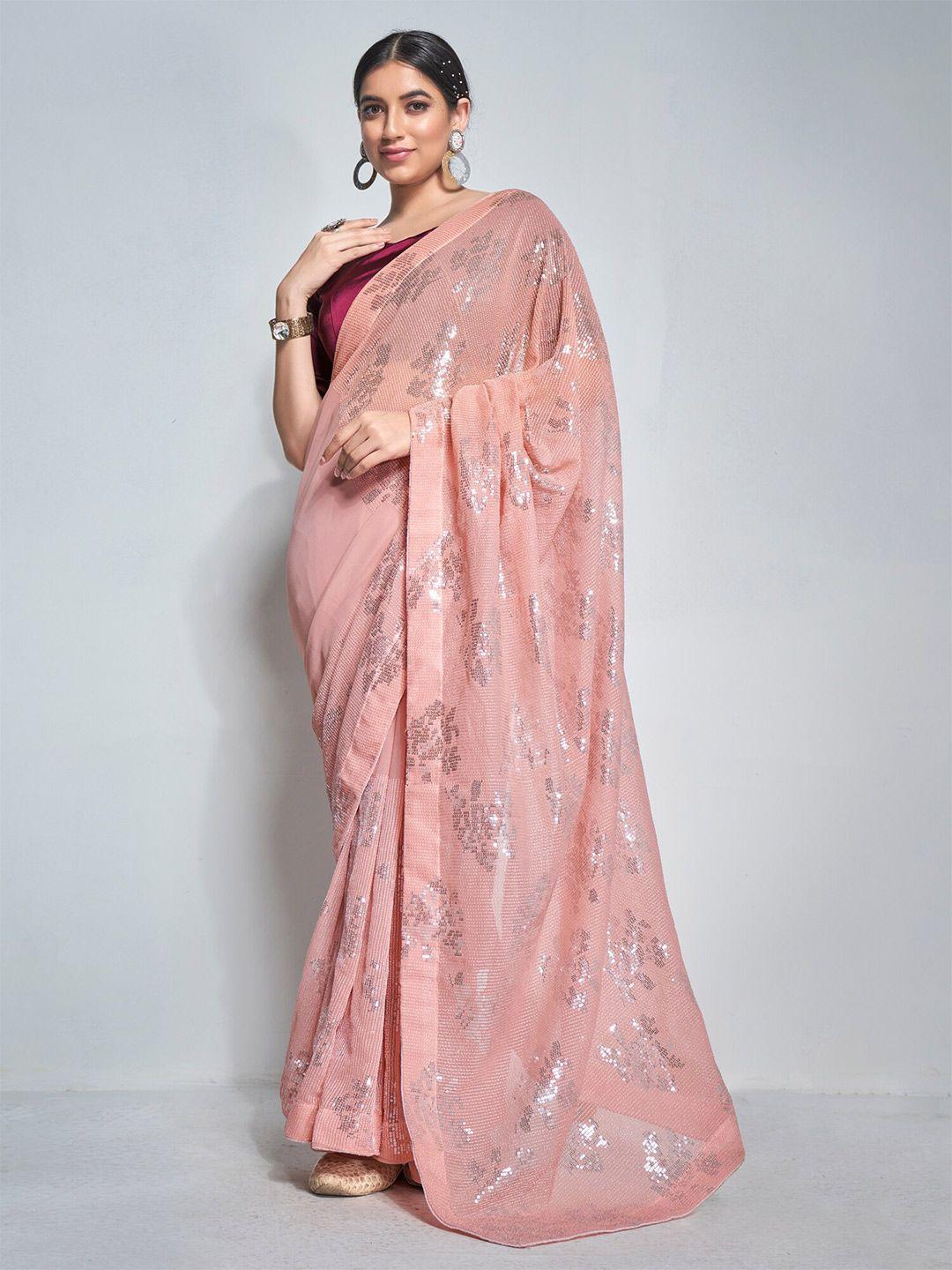 mitera peach & silver-toned floral embellished sequinned pure georgette designer saree