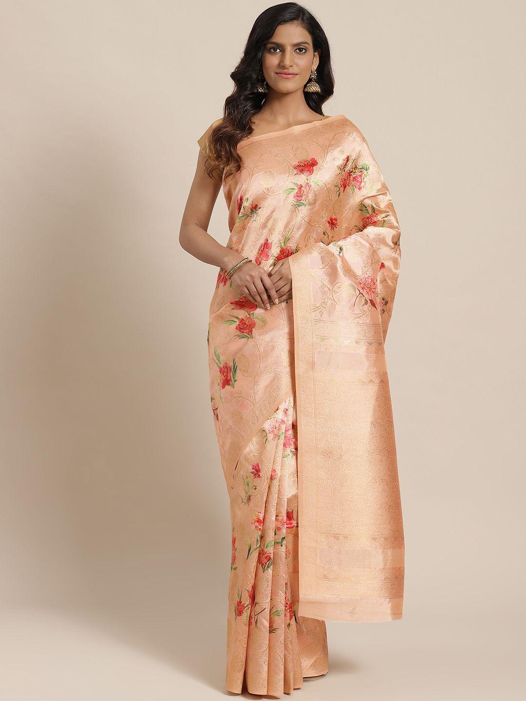 mitera peach-coloured & golden floral patterned zari saree