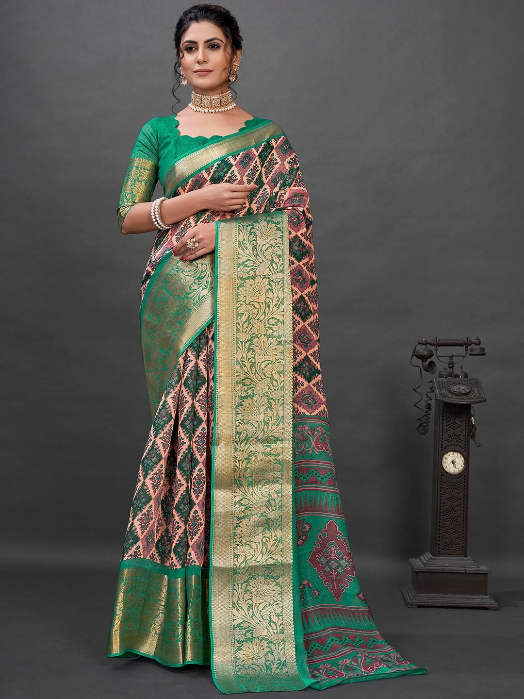 mitera peach-coloured & green ethnic motifs printed zari sungudi saree