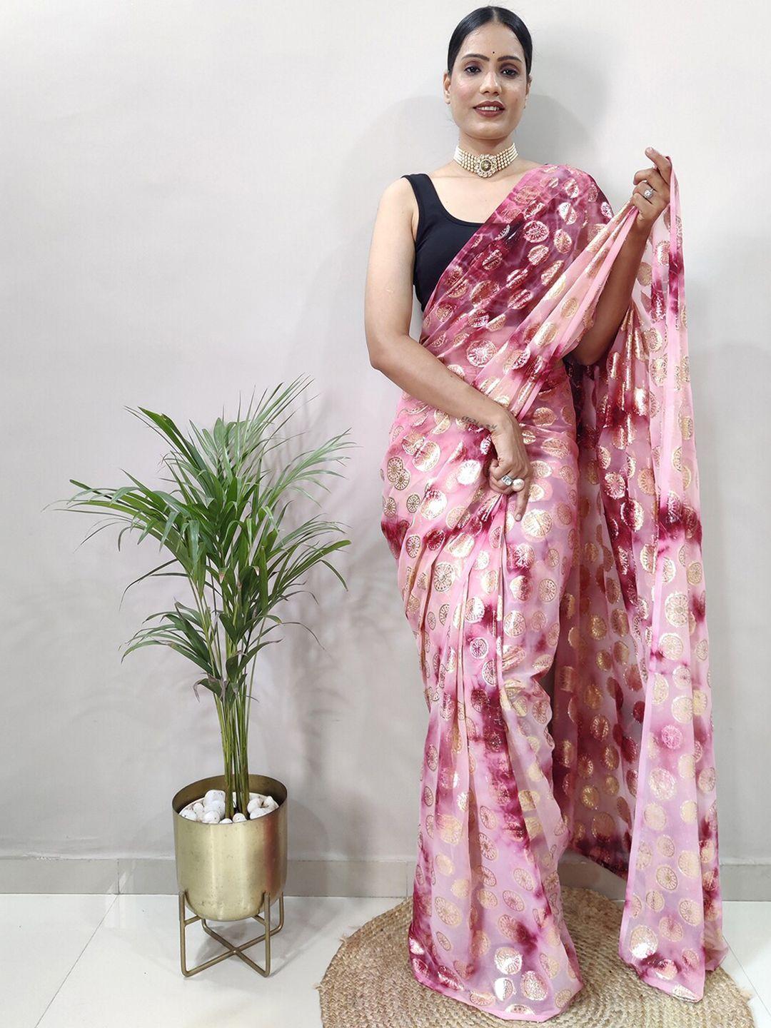 mitera peach-coloured & maroon ethnic motifs printed saree