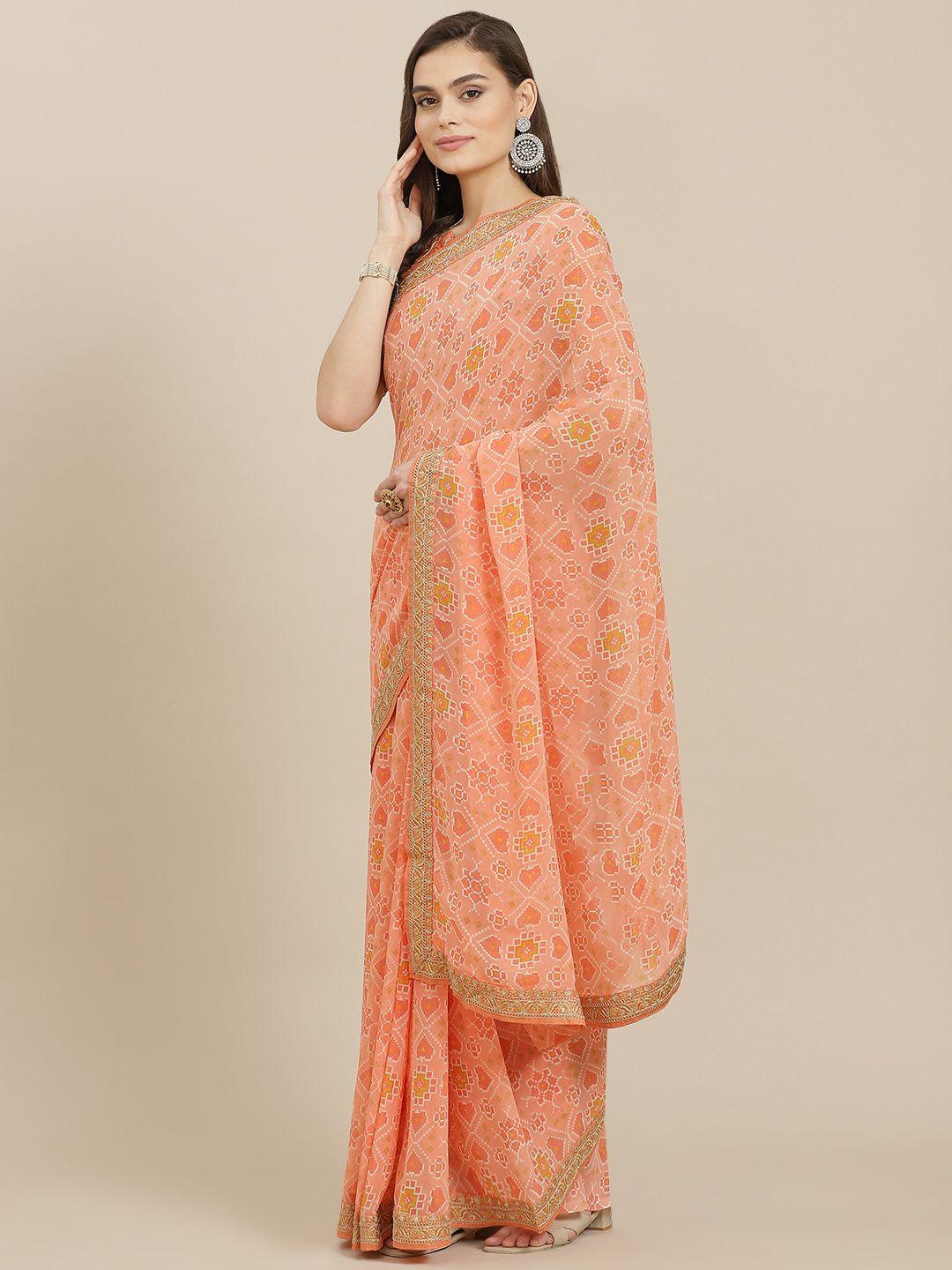 mitera peach-coloured ethnic motifs sequinned poly georgette saree