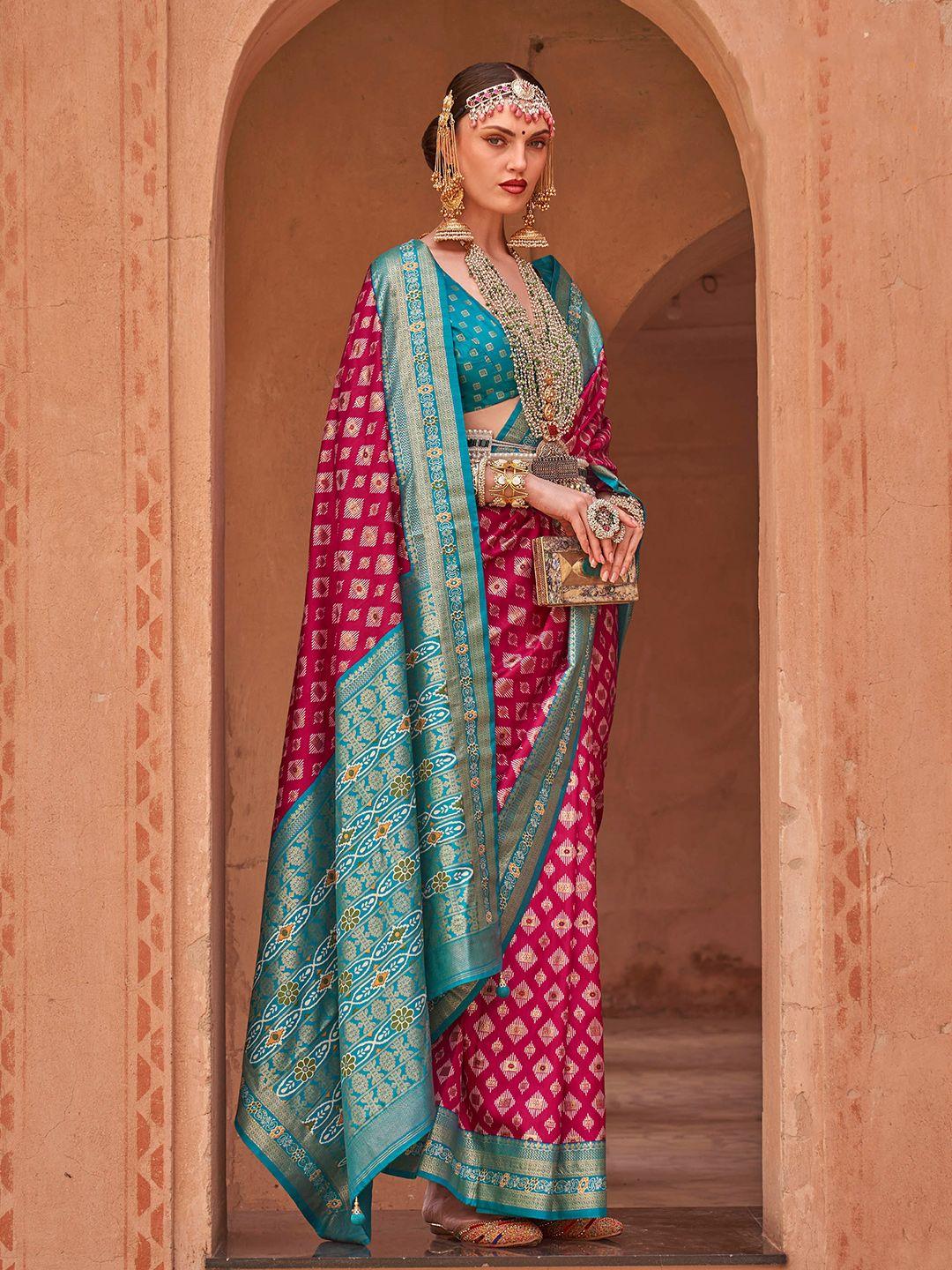 mitera pink & blue ethnic motifs printed zari patola saree