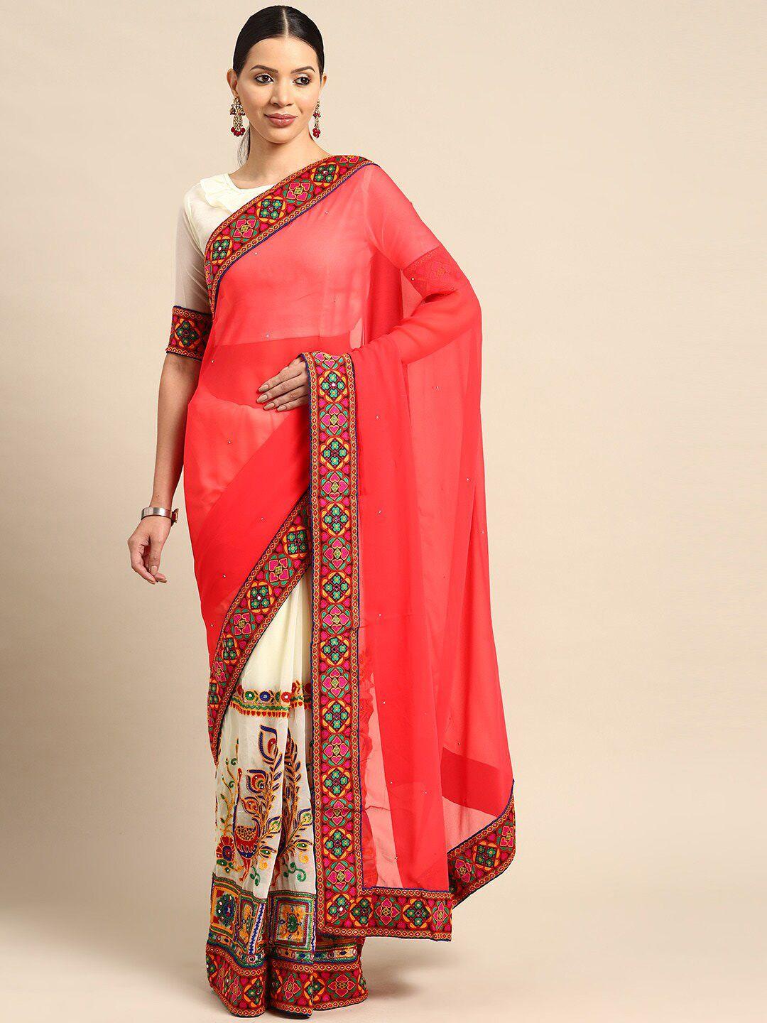 mitera pink & cream-coloured embellished kutchi embroidery pure georgette half and half saree