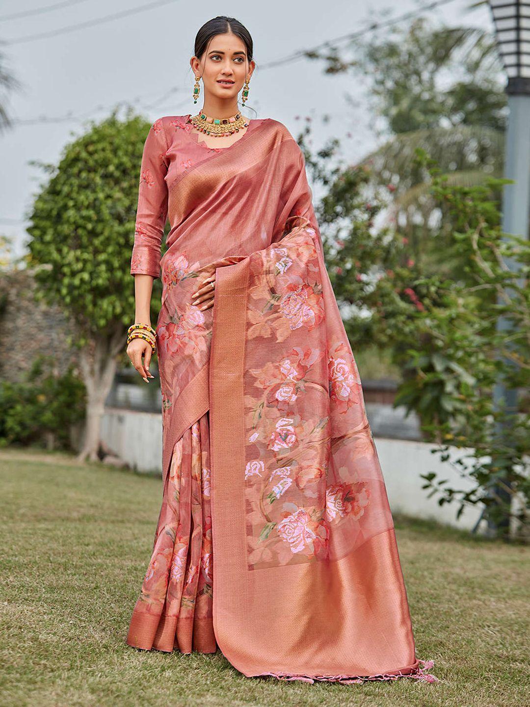 mitera pink & gold-toned floral printed zari tissue saree