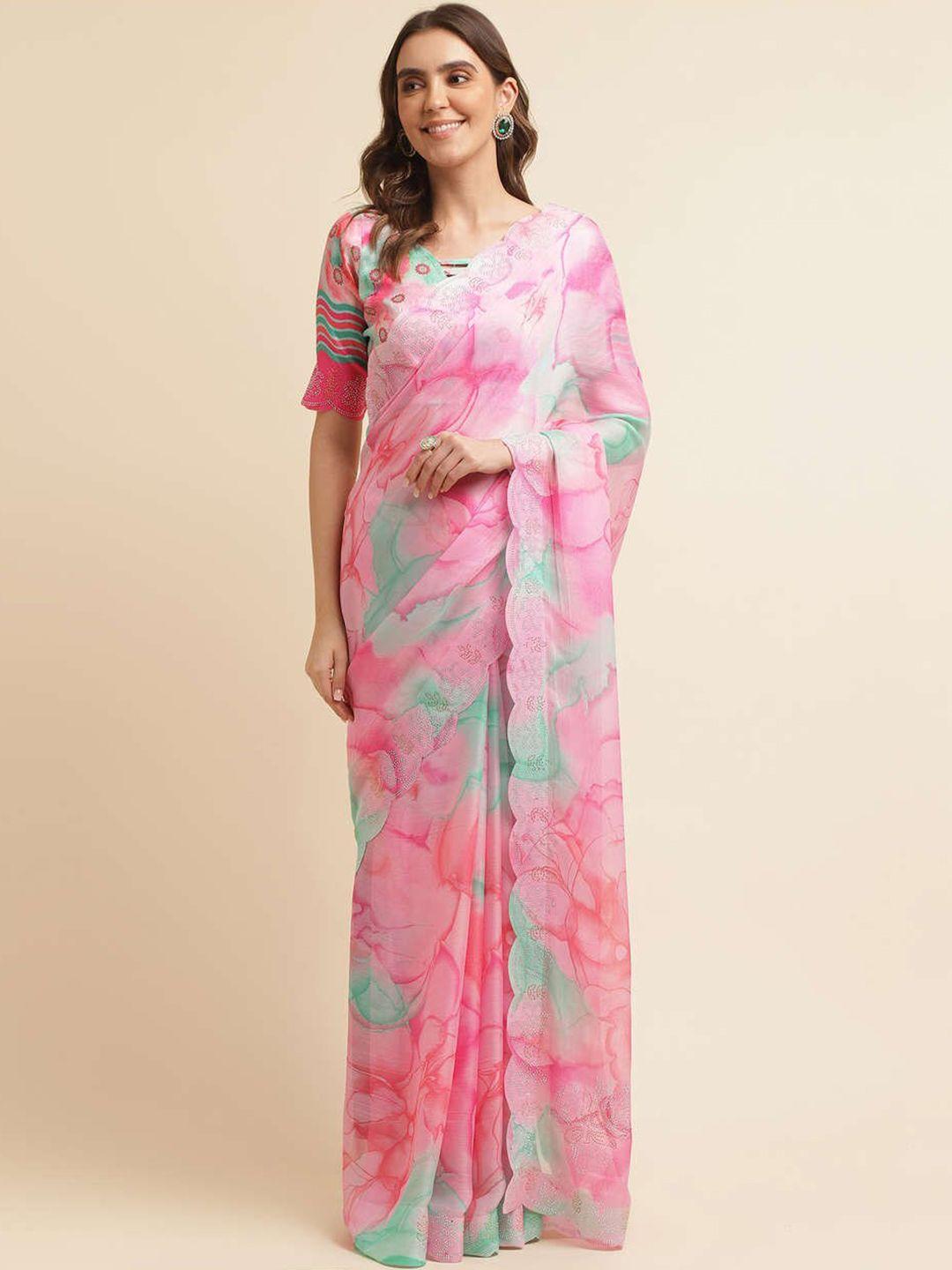 mitera pink & green floral printed embellished saree