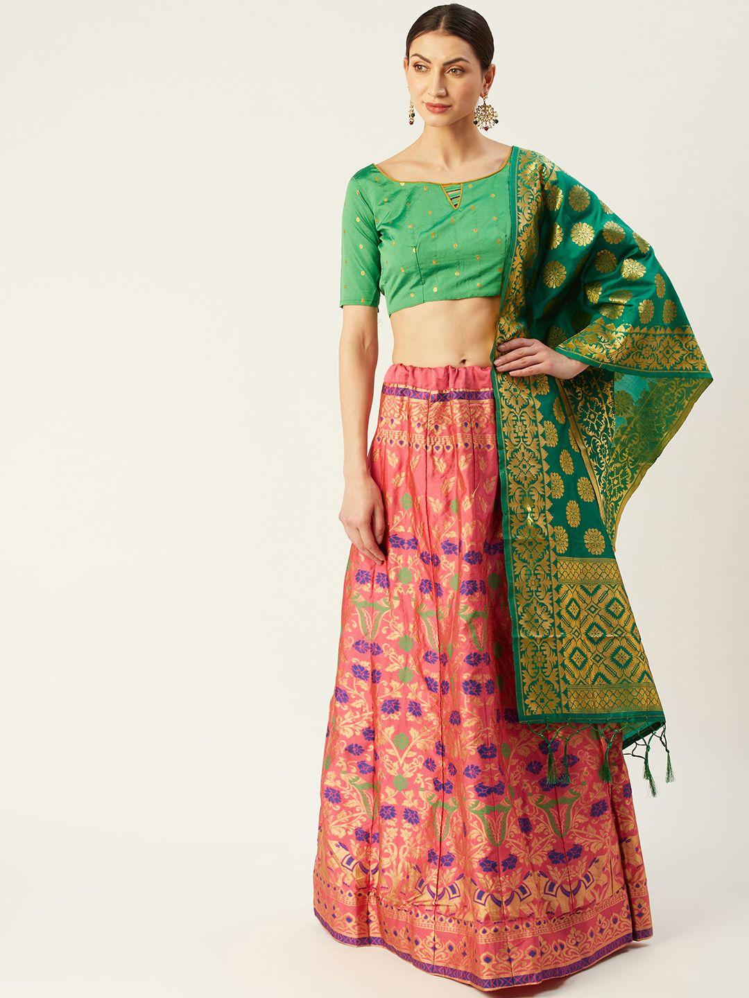 mitera pink & green woven design semi-stitched lehenga & unstitched blouse with dupatta