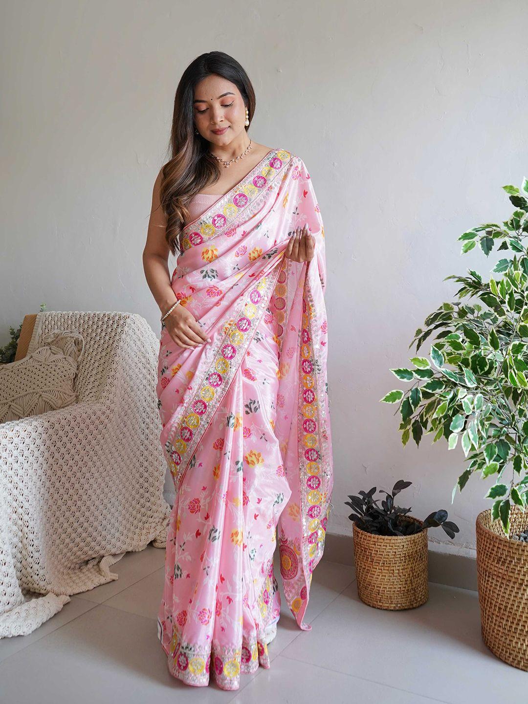 mitera pink & magenta floral embroidered silk blend saree