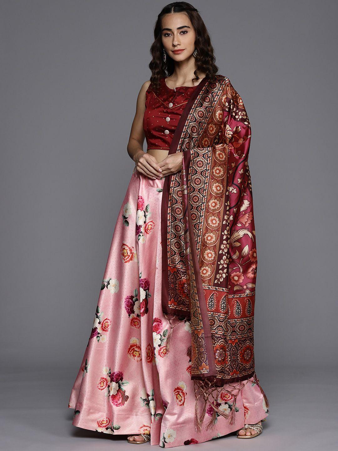 mitera pink & maroon khari print semi-stitched lehenga & unstitched blouse with dupatta