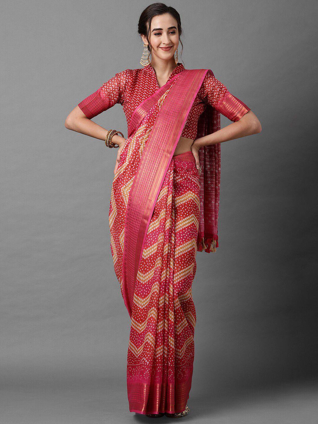 mitera pink & off white bandhani zari linen blend bandhani saree