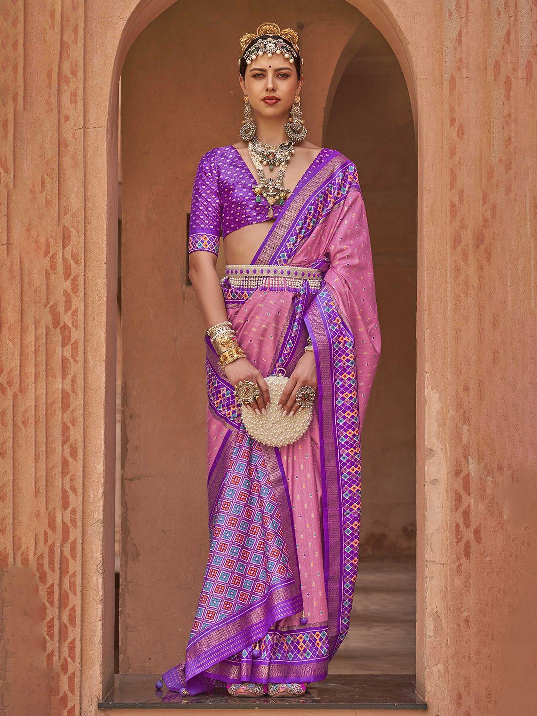mitera pink & purple ethnic motifs printed zari patola saree