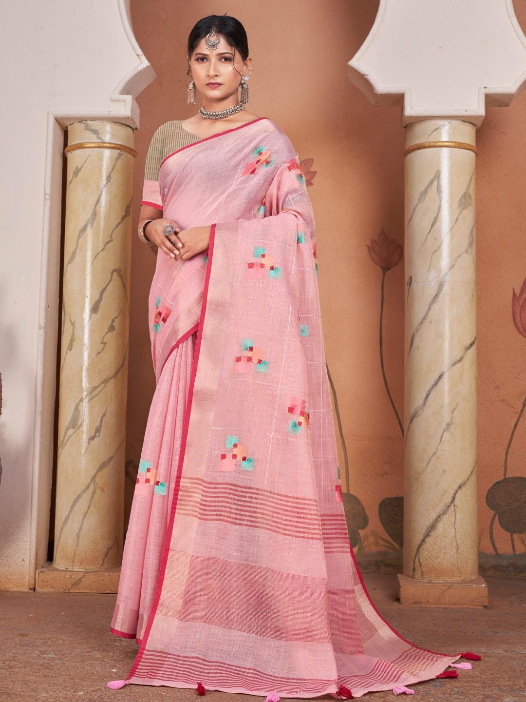 mitera pink & red geometric printed linen blend saree