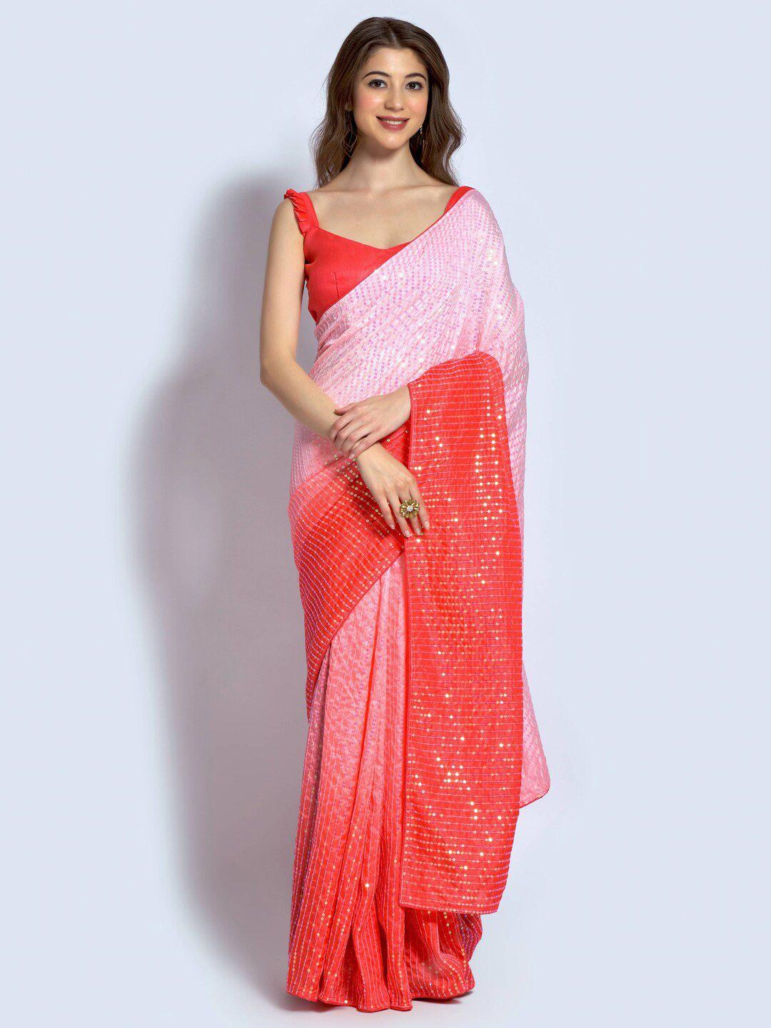 mitera pink & red sequinned embellished art silk saree