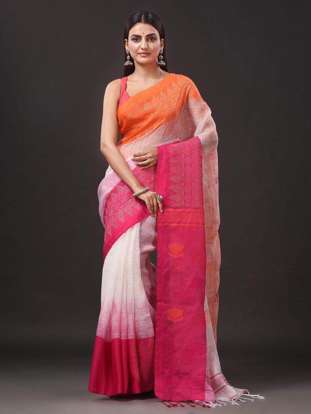 mitera pink & white ethnic motifs pure linen handloom saree
