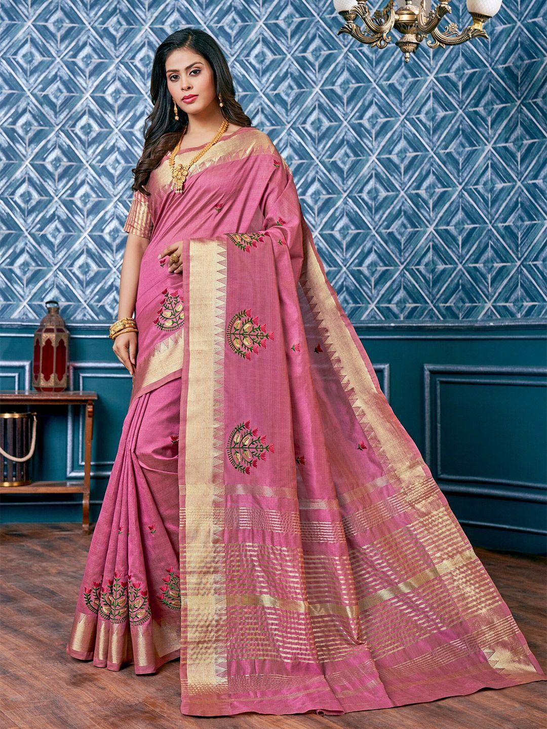 mitera pink floral embroidered silk cotton designer banarasi saree
