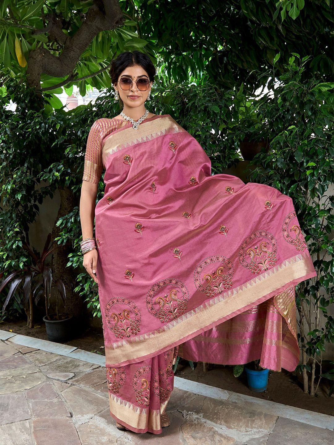 mitera pink floral embroidered silk cotton designer banarasi saree