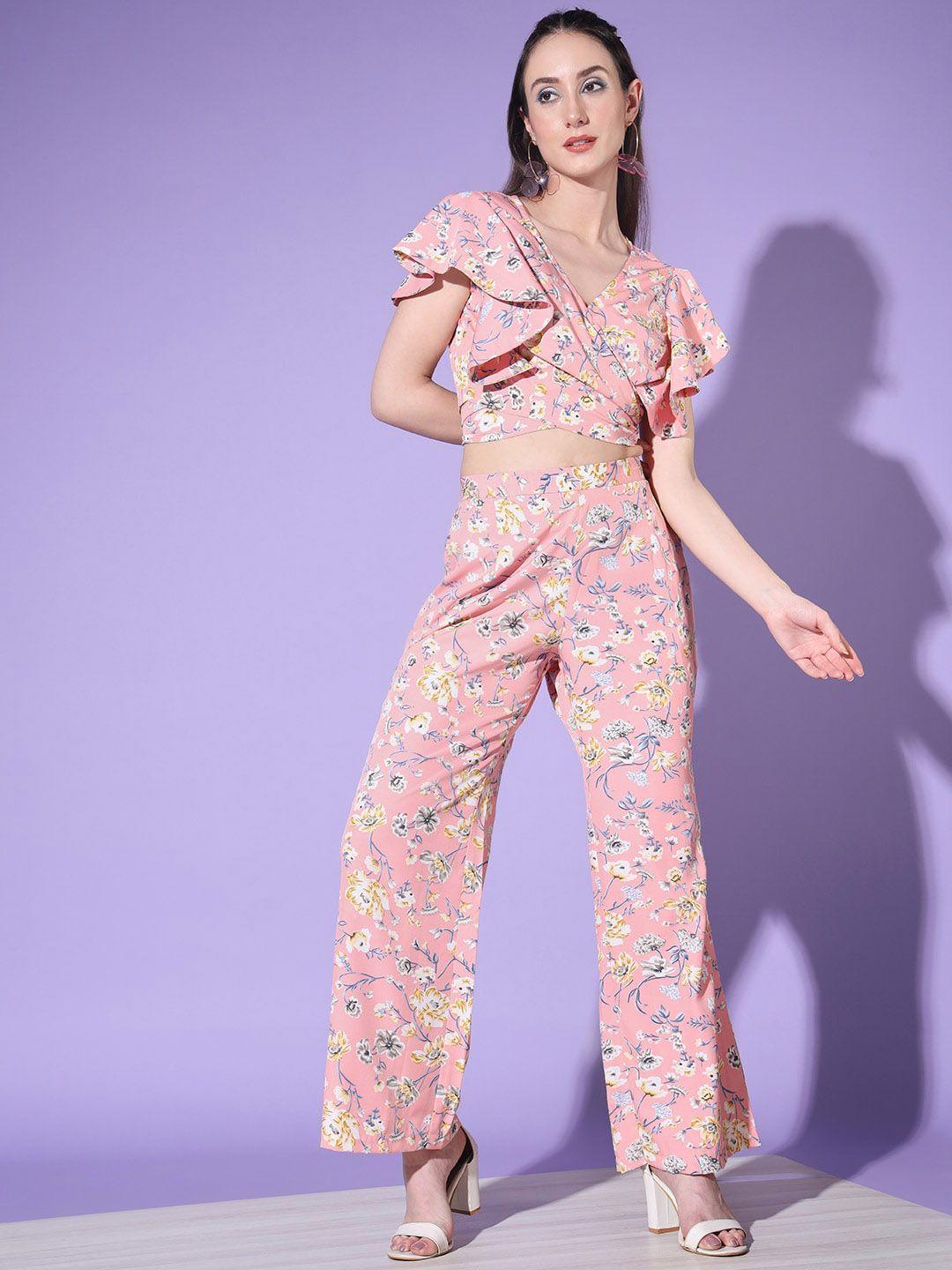 mitera pink floral printed flared sleeve crop top with trousers