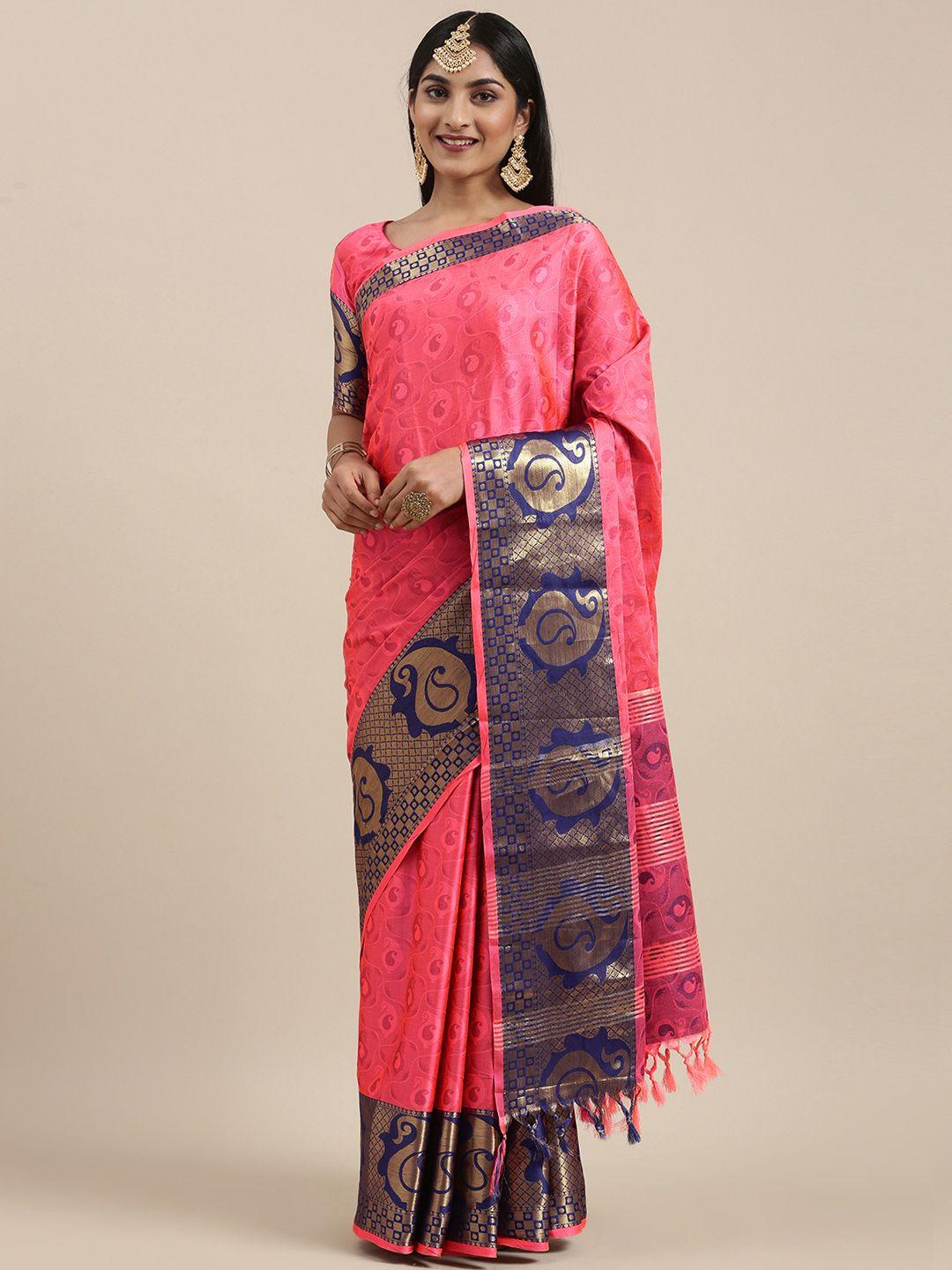 mitera pink paisley silk cotton banarasi saree