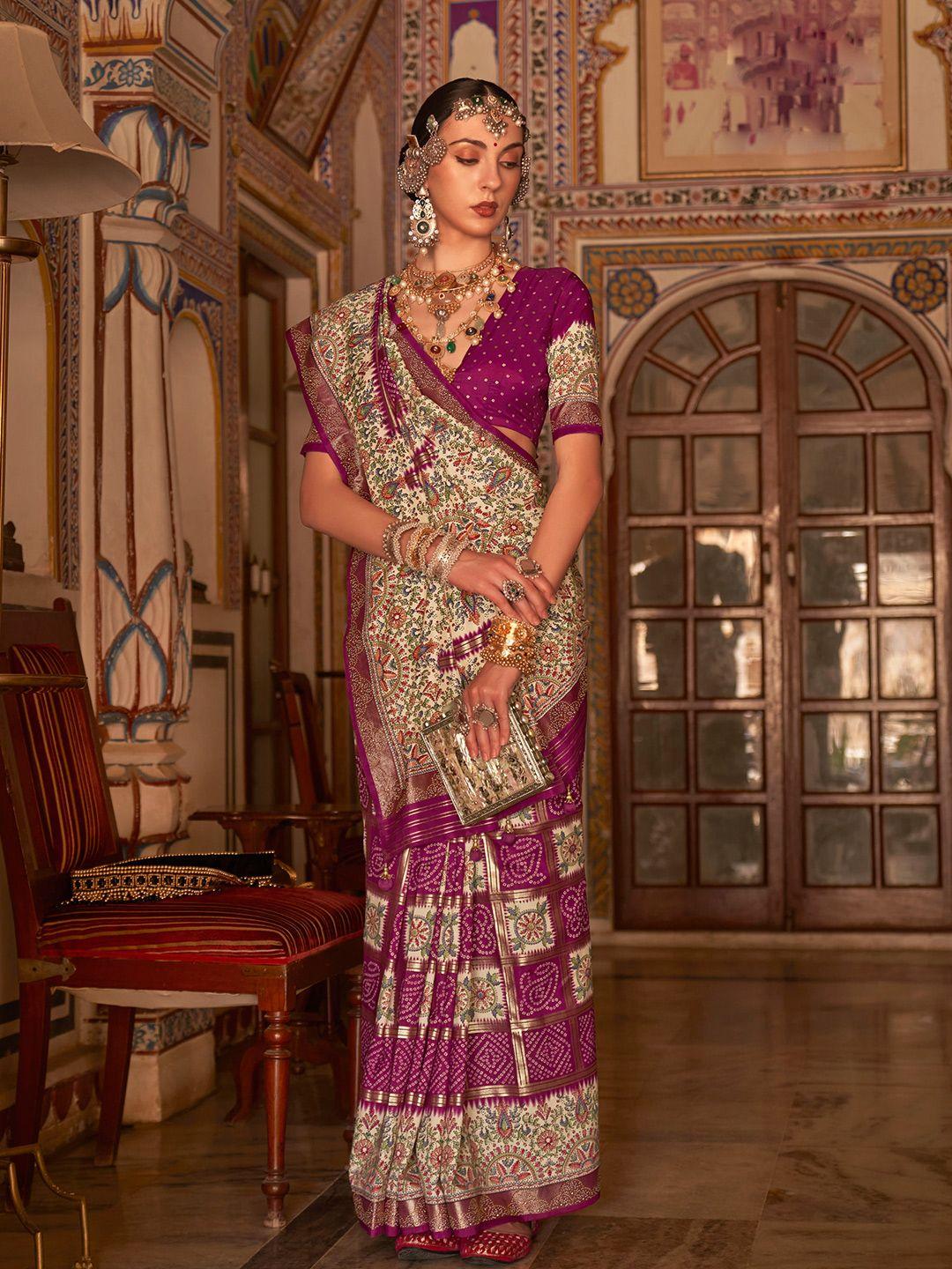 mitera purple & green ethnic motifs printed zari bandhani saree