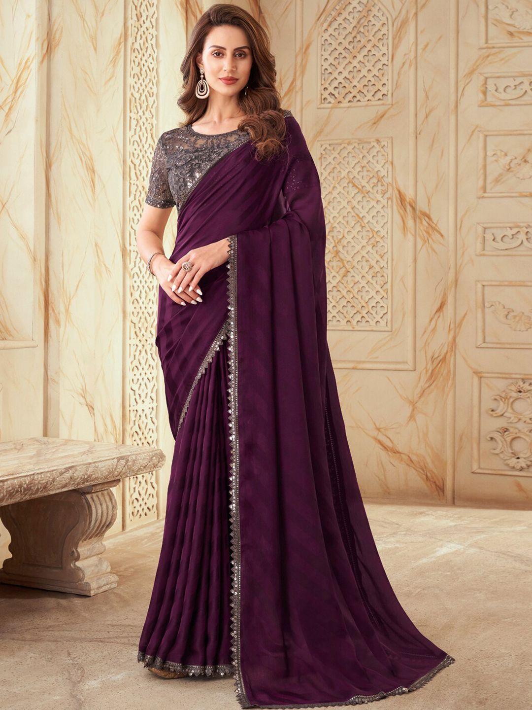 mitera purple & grey embellished sequinned poly chiffon saree