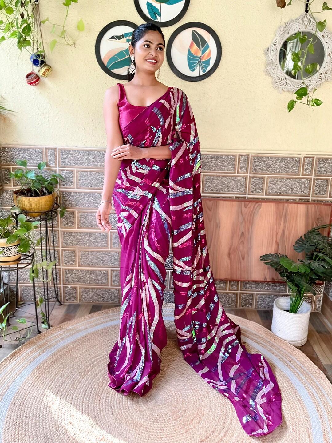 mitera purple leheriya sequinned embellished saree
