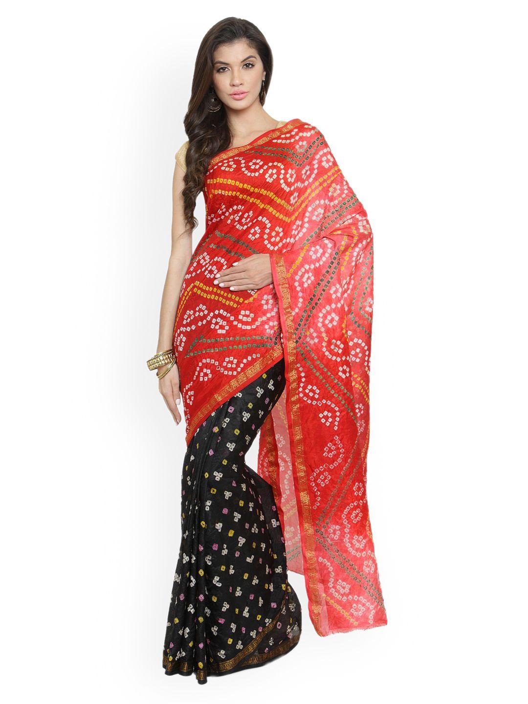 mitera red & black art silk printed bandhani saree