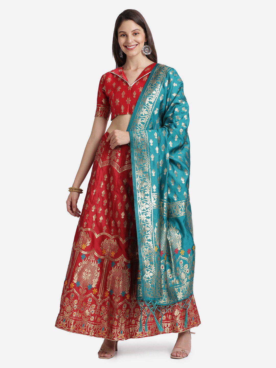 mitera red & blue semi-stitched lehenga & unstitched blouse with dupatta