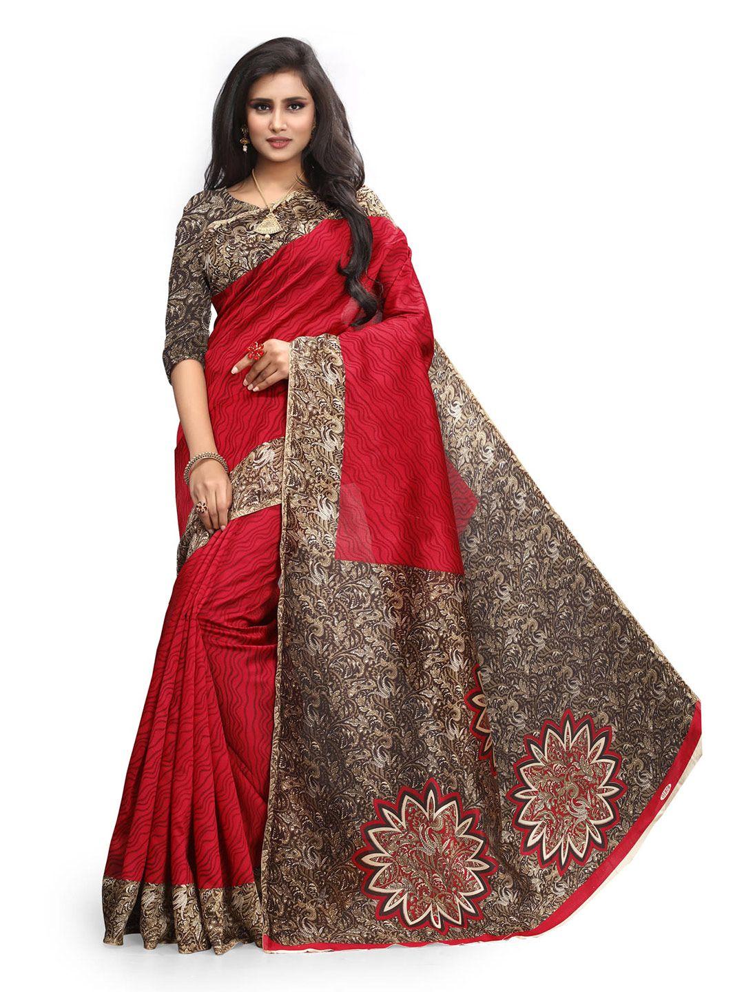 mitera red & brown floral printed saree