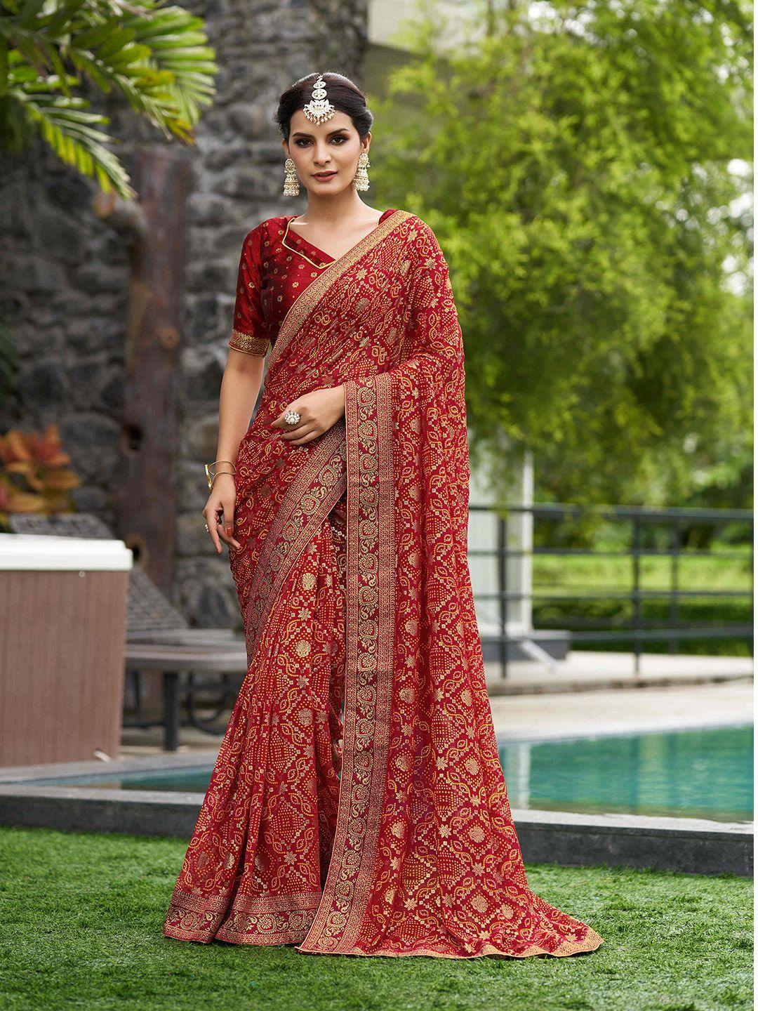 mitera red & gold-toned ethnic motifs printed pure georgette saree