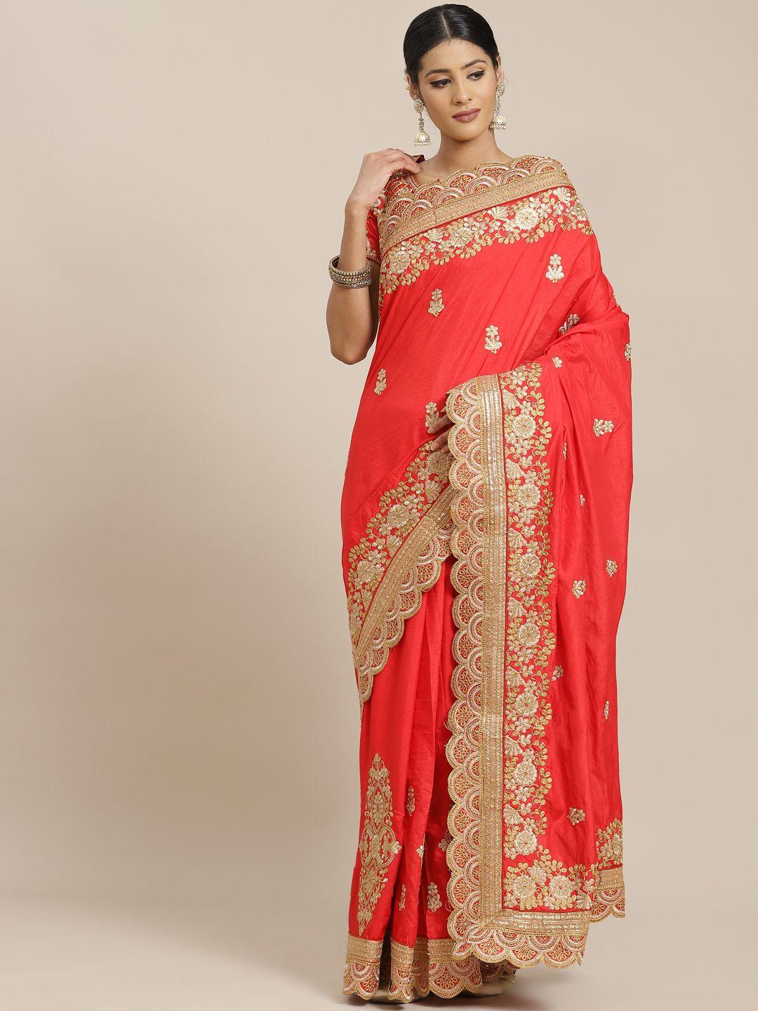 mitera red & golden ethnic motifs zari saree