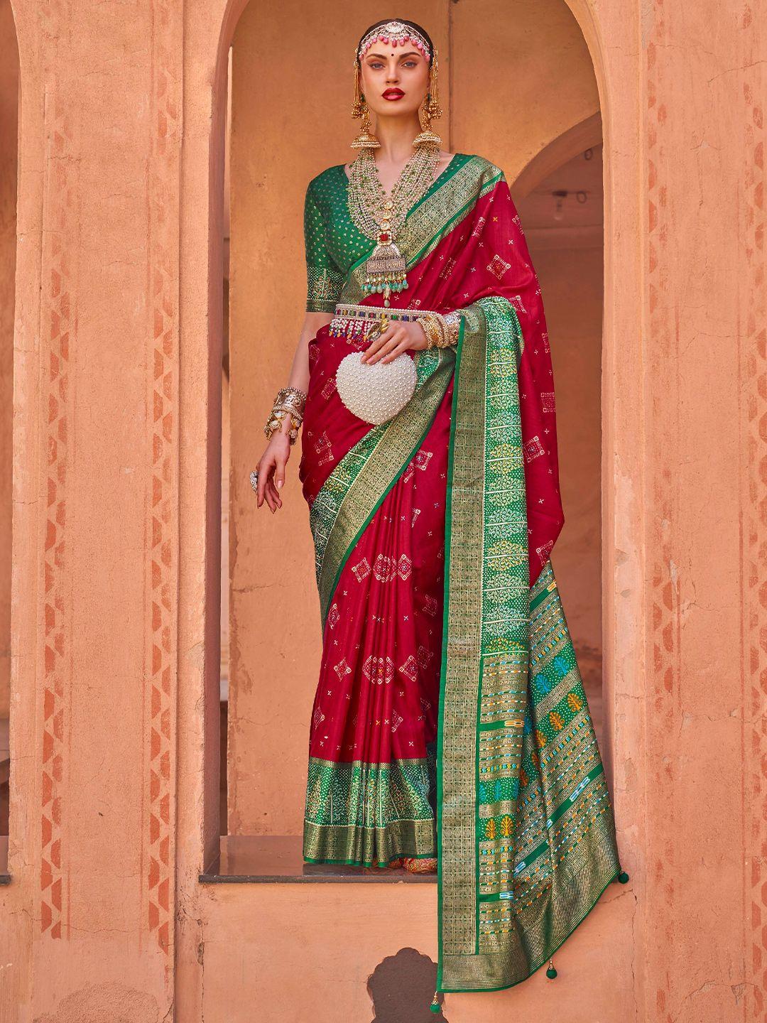 mitera red & green ethnic motifs printed silk blend patola saree