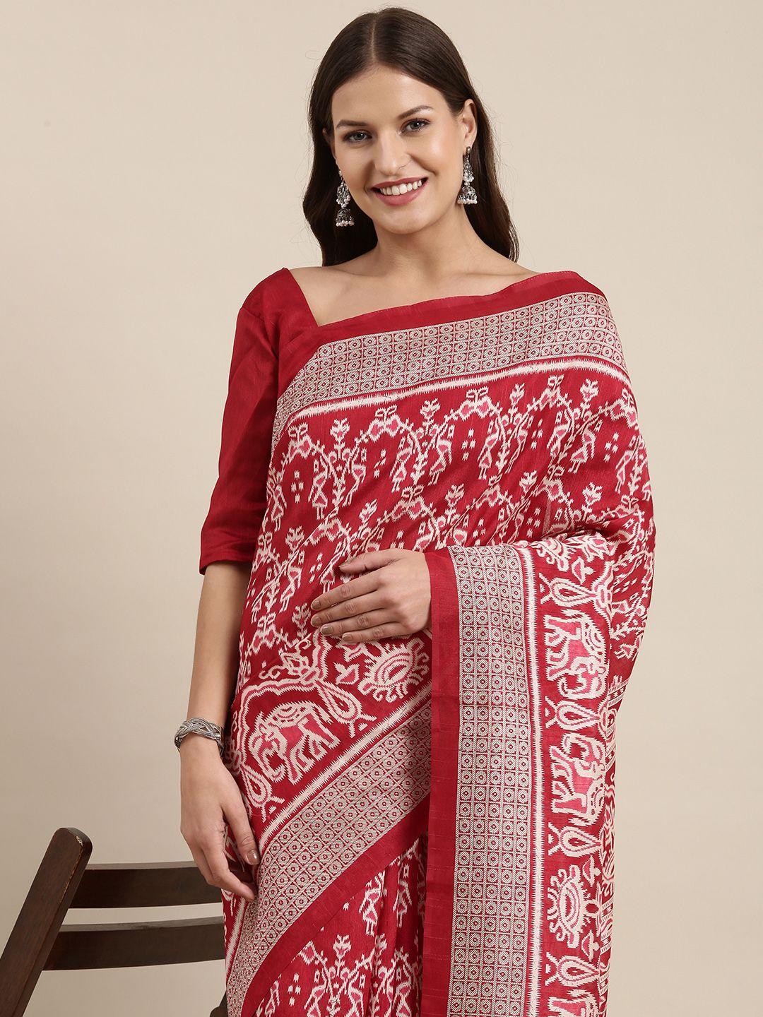mitera red & pink abstract print bhagalpuri art silk ikat saree
