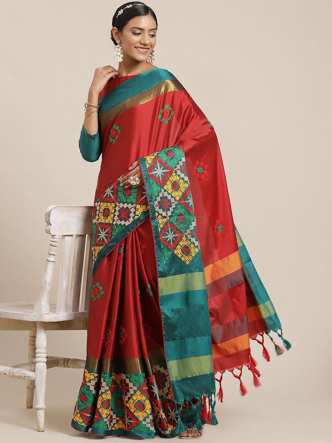 mitera red & teal ethnic motifs zari silk cotton saree