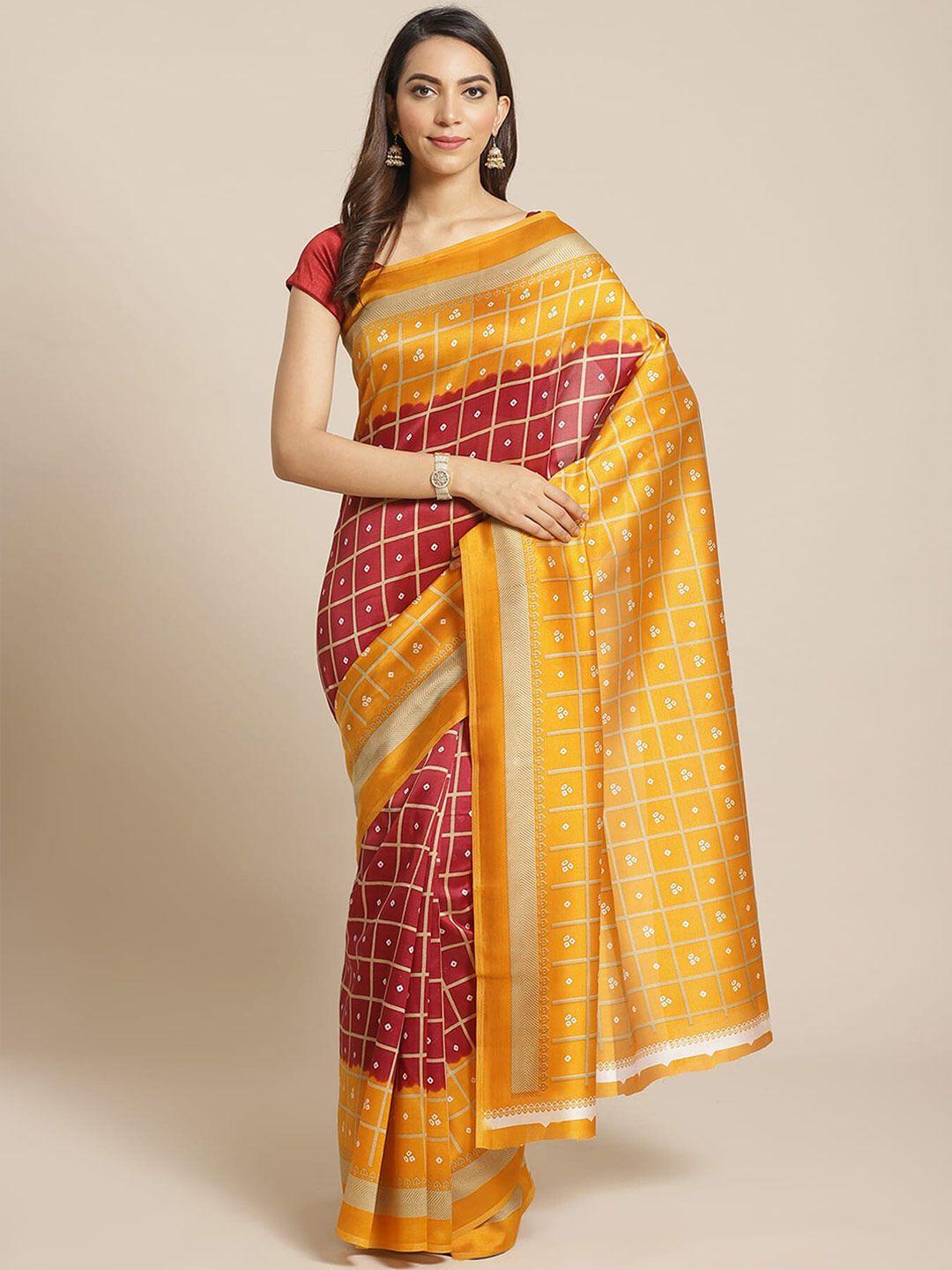 mitera red & yellow bandhani printed banarasi saree