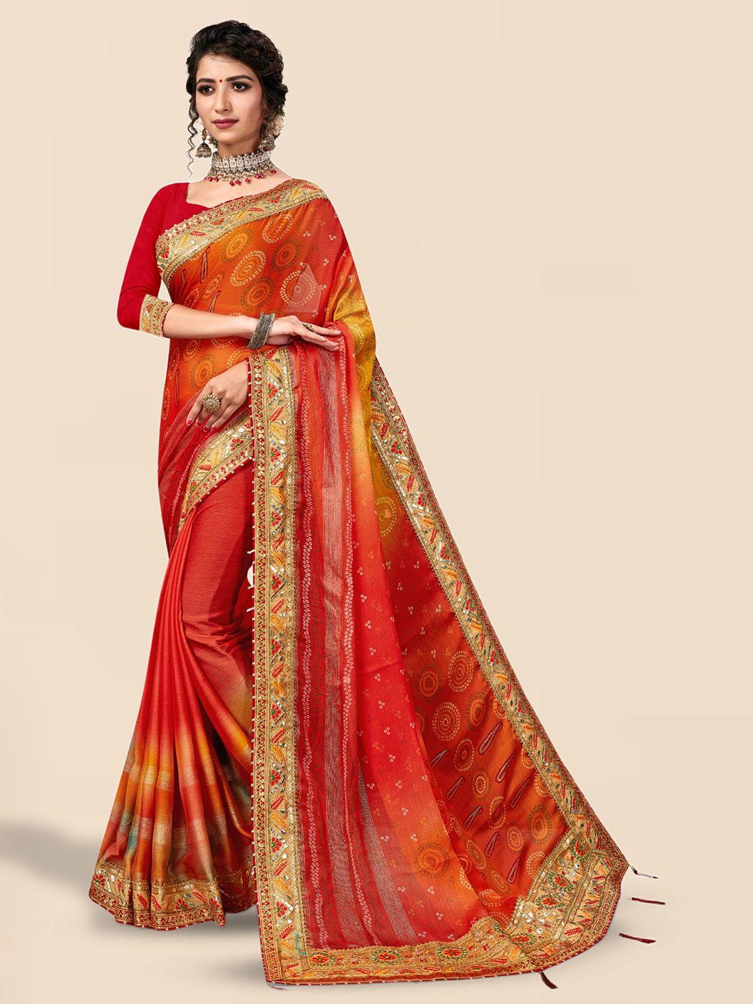 mitera red & yellow bandhani printed sequinned saree